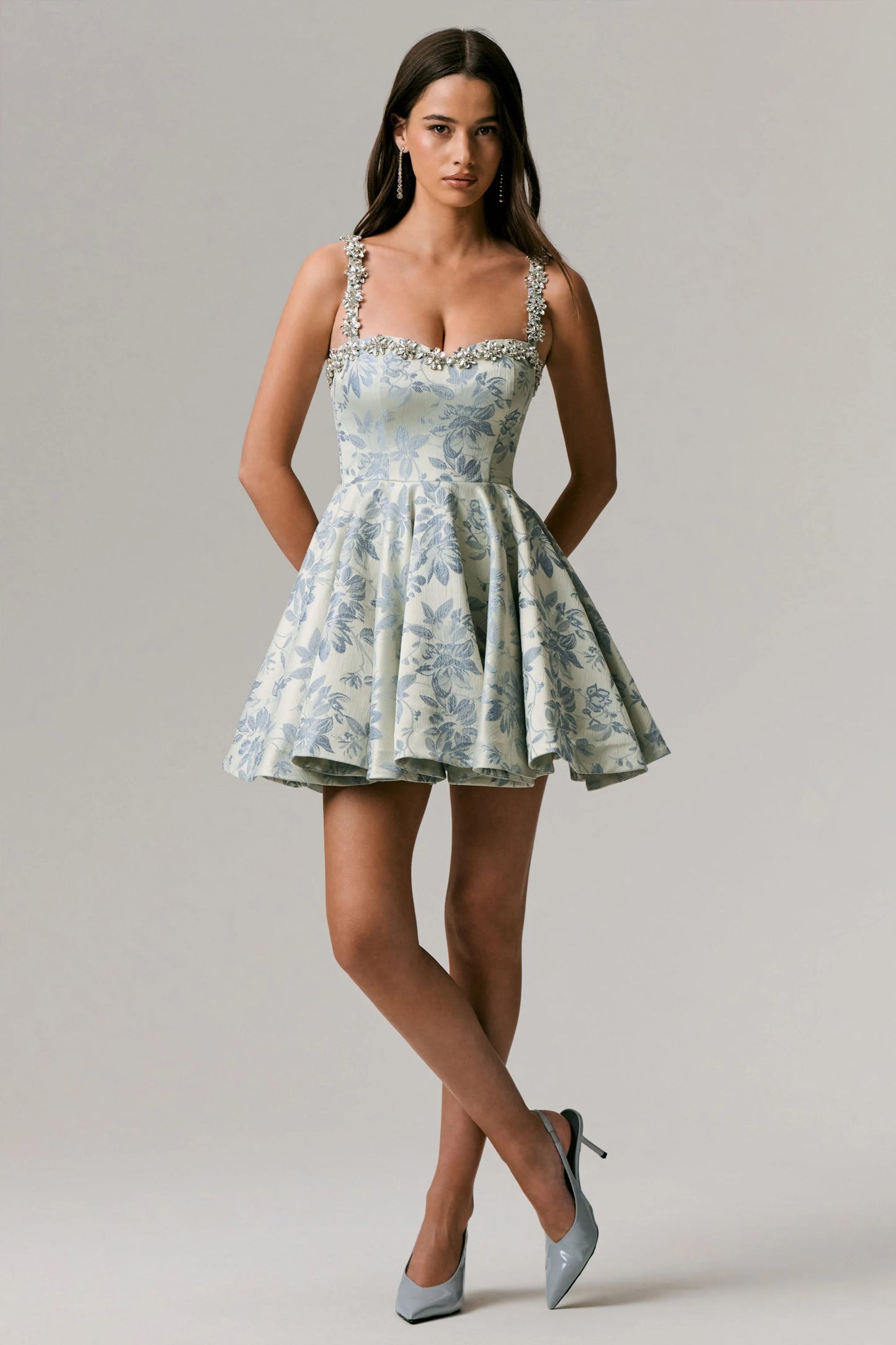 Seashell Light Blue Jacquard Embellished Sweetheart-Neck Skater Mini Dress