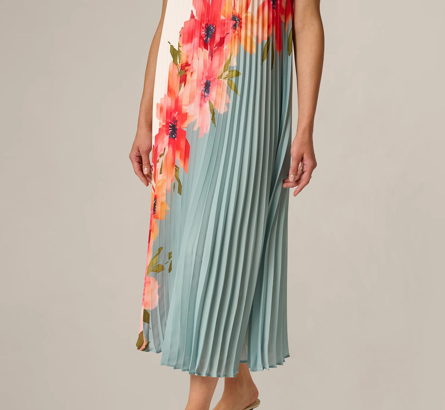 Pleated Chiffon Floral Color Block Midi Trapeze Dress In Blue Multi