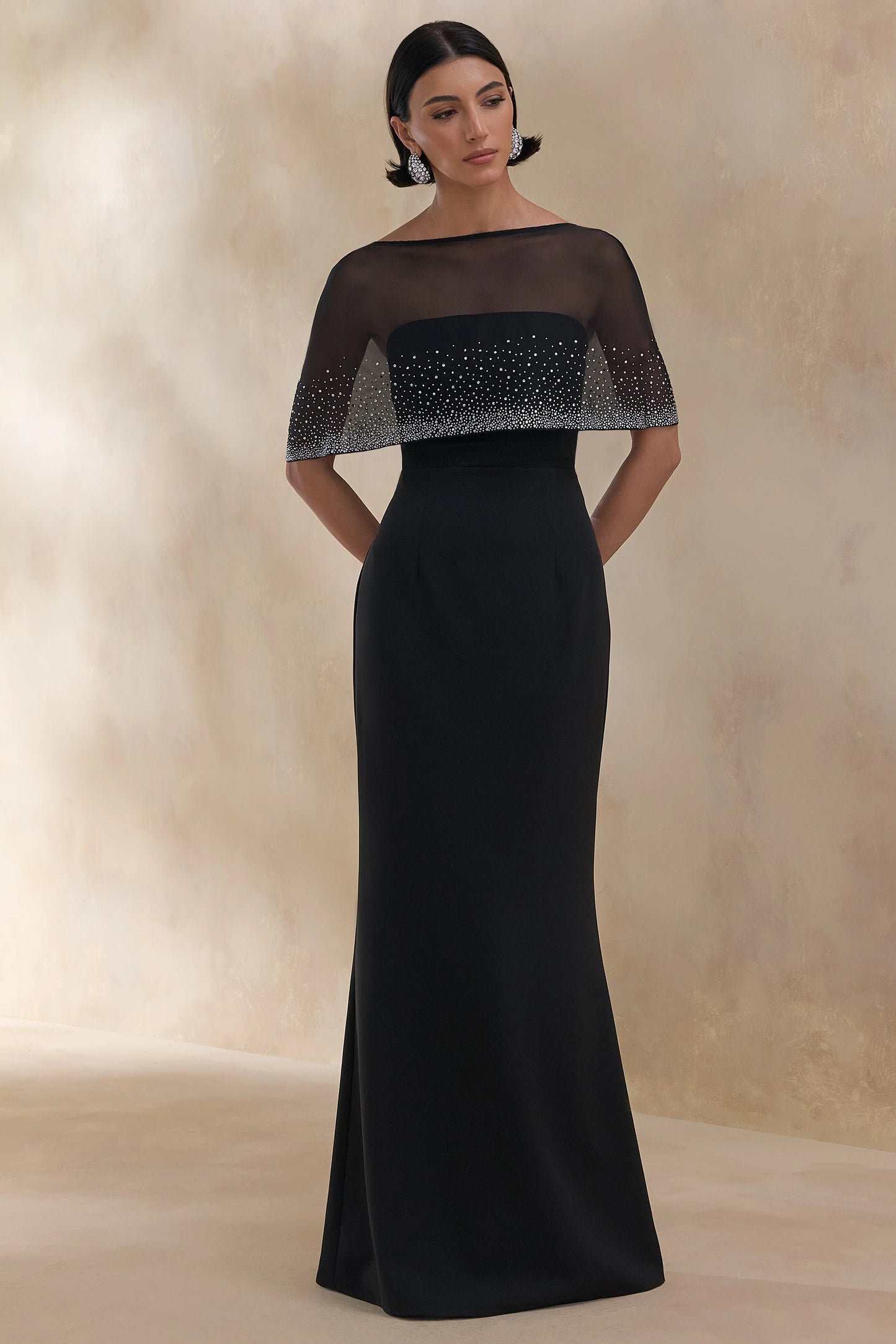 Everly Black Hand-Embellished Cape-Sleeve Maxi Dress
