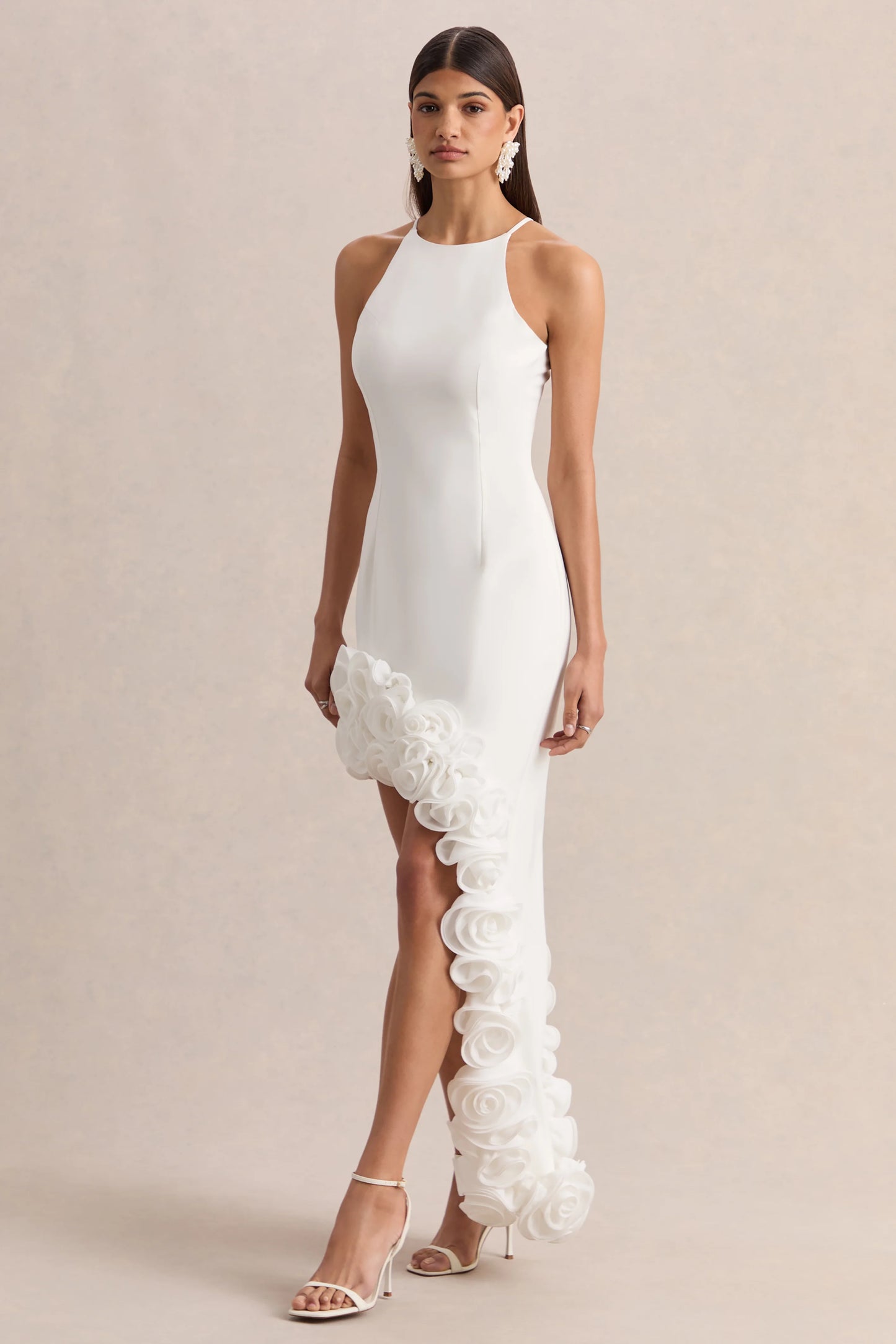 Indira White Halter-Neck Maxi Dress With Asymmetric-Floral Hem
