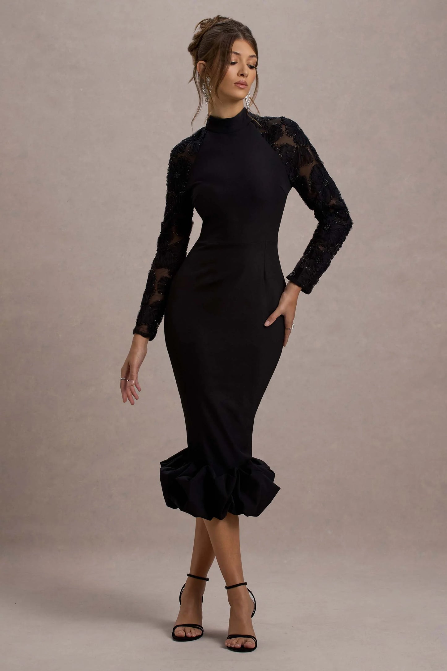 Chandra Black Mesh Long-Sleeve Midi Dress With Ruffle Hem