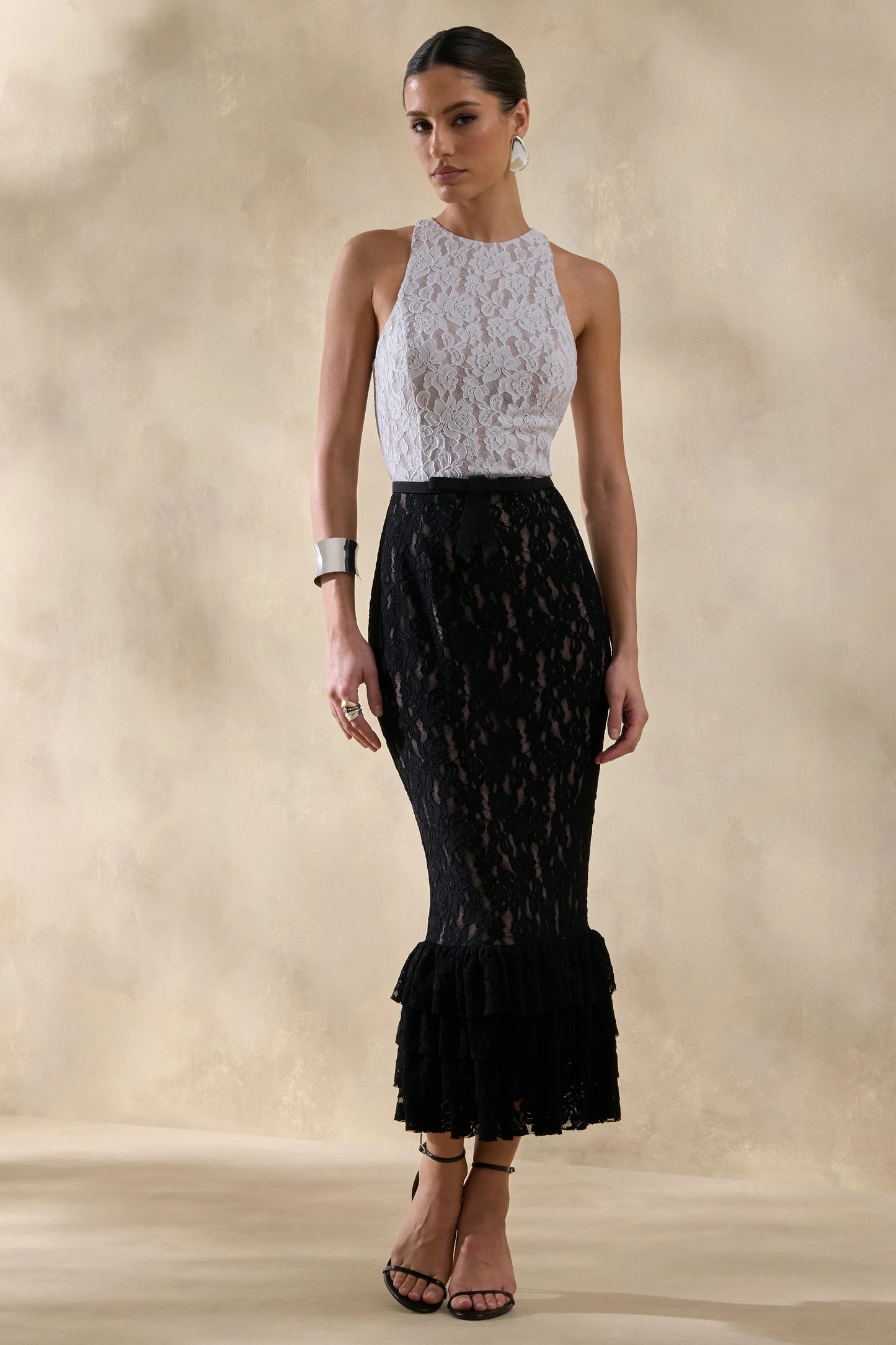 Vionna Black And White Lace High-Neck Midi Dress With Bow-Belt Detail