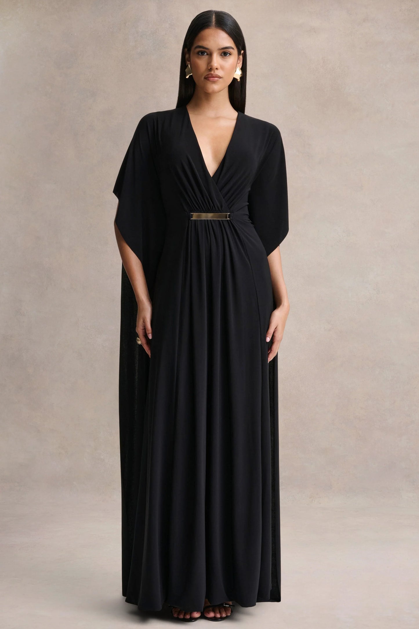 Romilly Black Plunge-Neck Maxi Dress With Gathered Detail