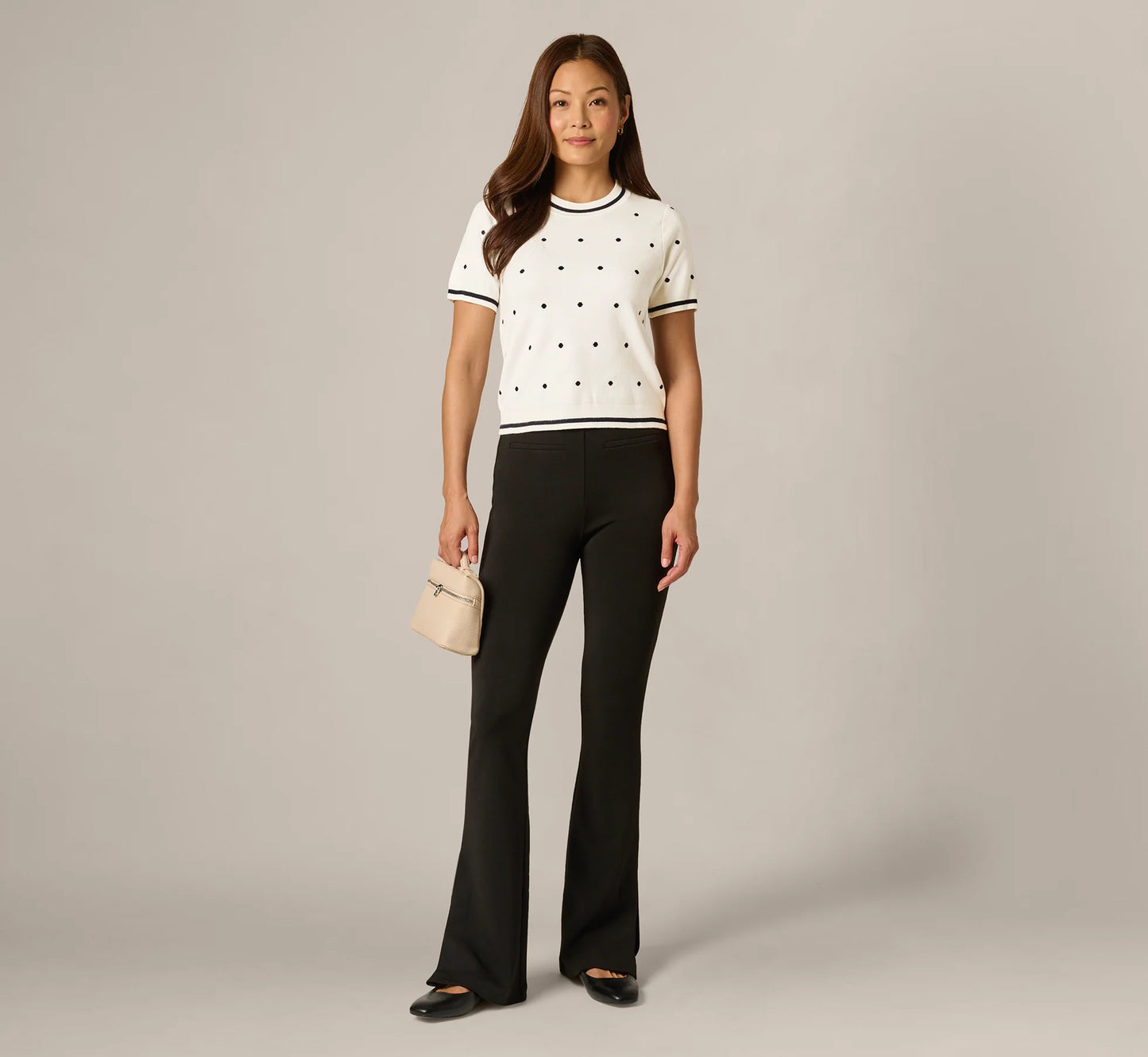 Short Sleeve Chain Patterned Knit Top In Ivory Navy Medium Simple Dot
