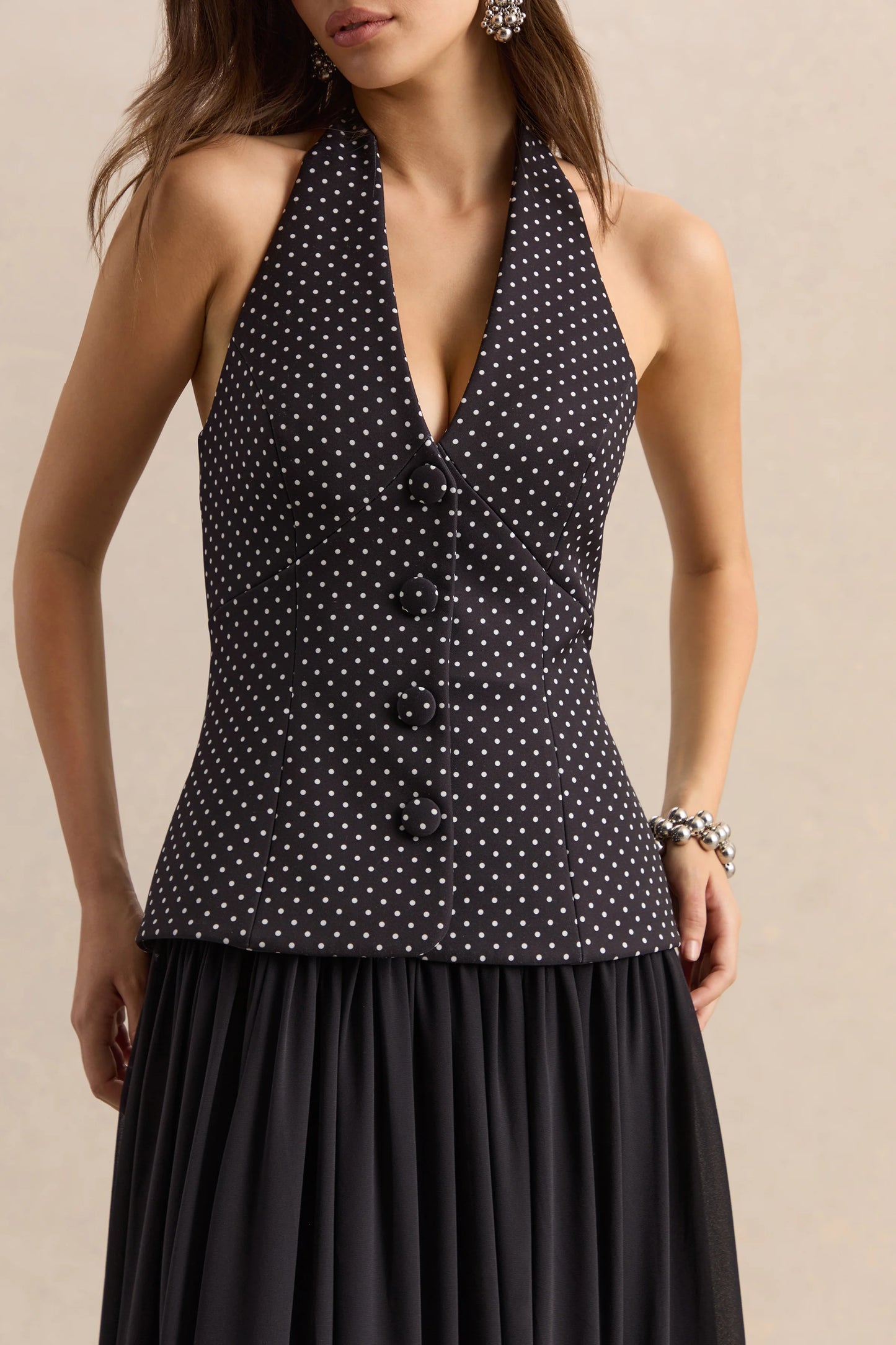 Zarina Black & White Polka-Dot Plunge-Neck Maxi Dress