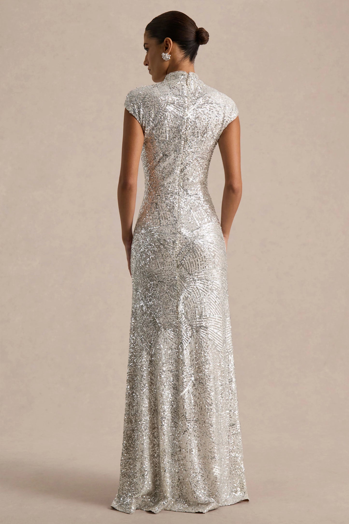 Cecy Silver Sequin High-Neck Maxi Dress With Cap Sleeves