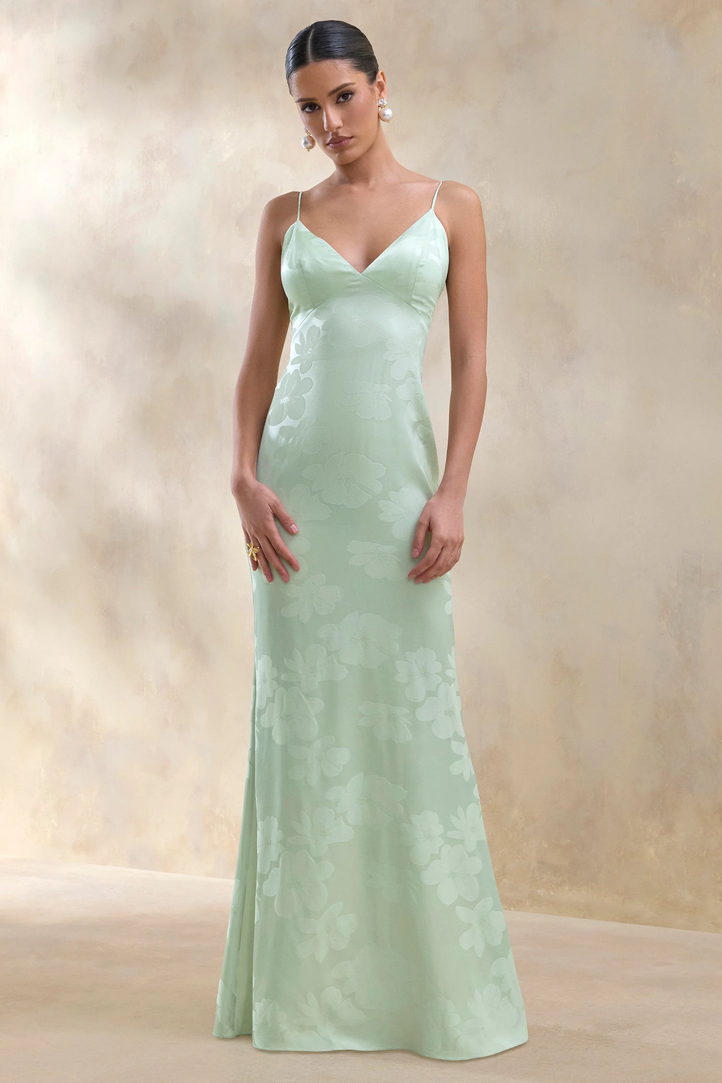 Carelle Green Satin Plunge-Neck Maxi Dress With Asymmetric Drop-Waist