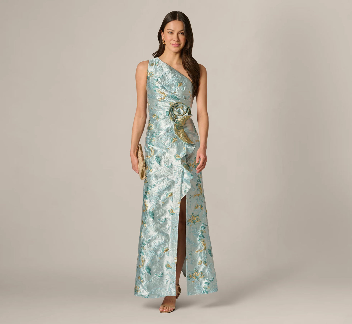 Petite One Shoulder Floral Jacquard Rosette Gown In Blue Multi