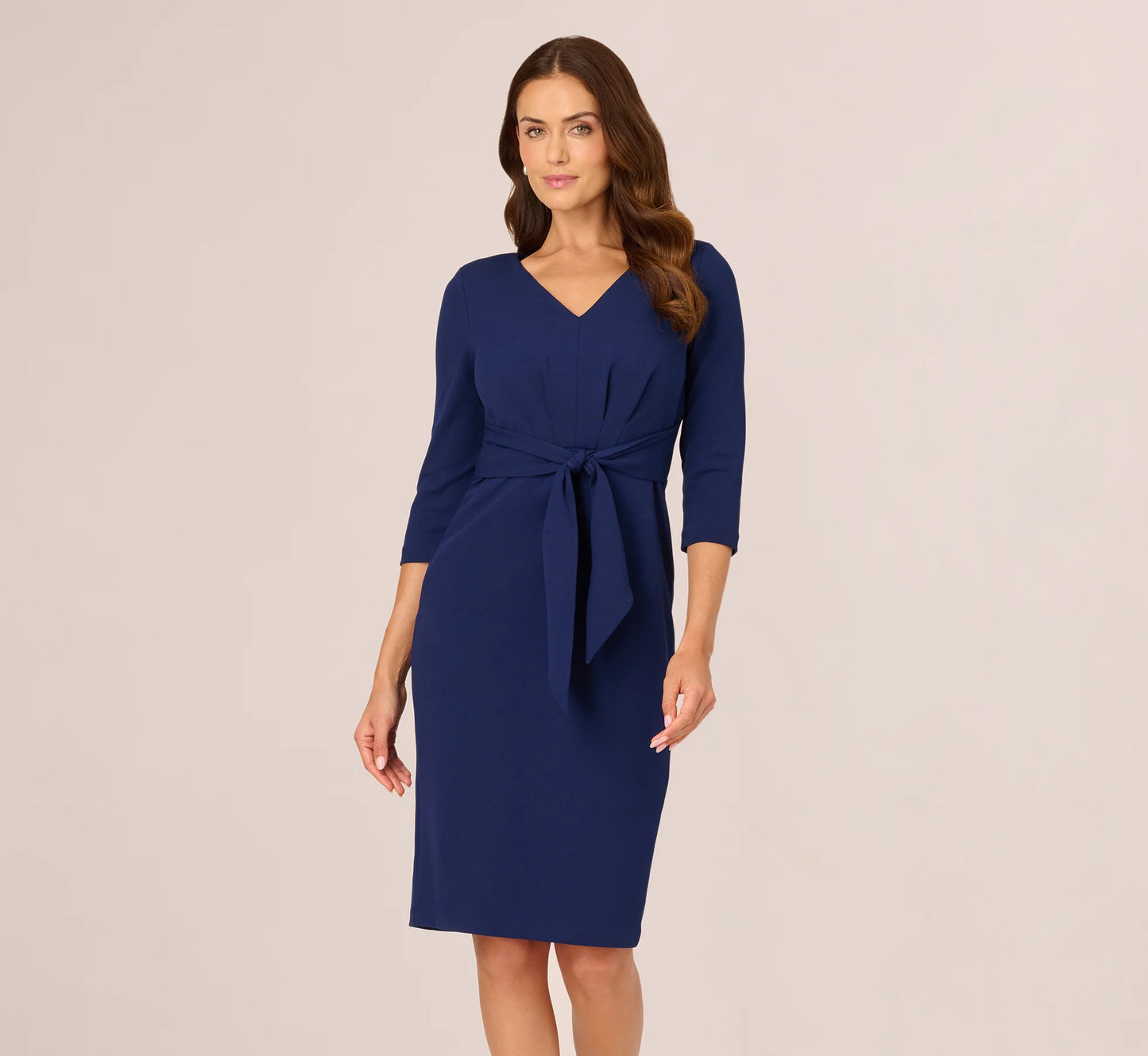 Three Quarter Sleeve Pleated Midi Dress With Tie Waist In Navy Sateen