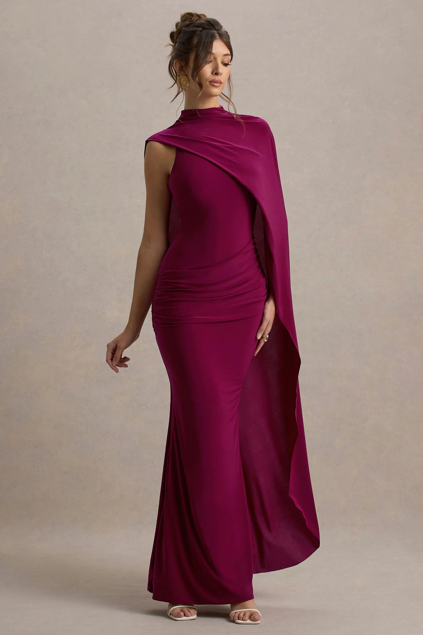 Maeve Burgundy Cape-Sleeve Draped Maxi Dress