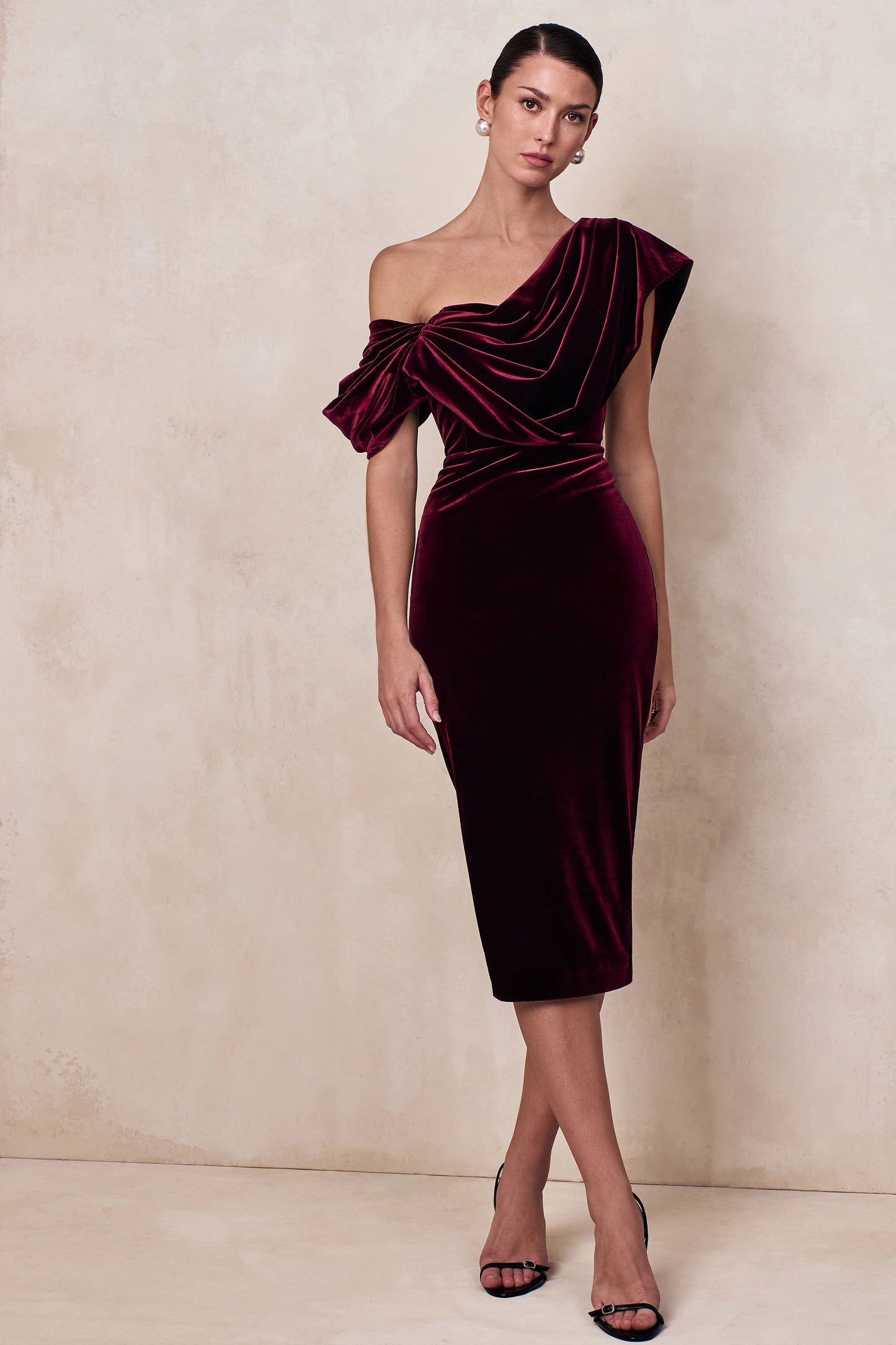 High End Burgundy Velvet Asymmetric-Neck Midi Dress With Draped Detailing