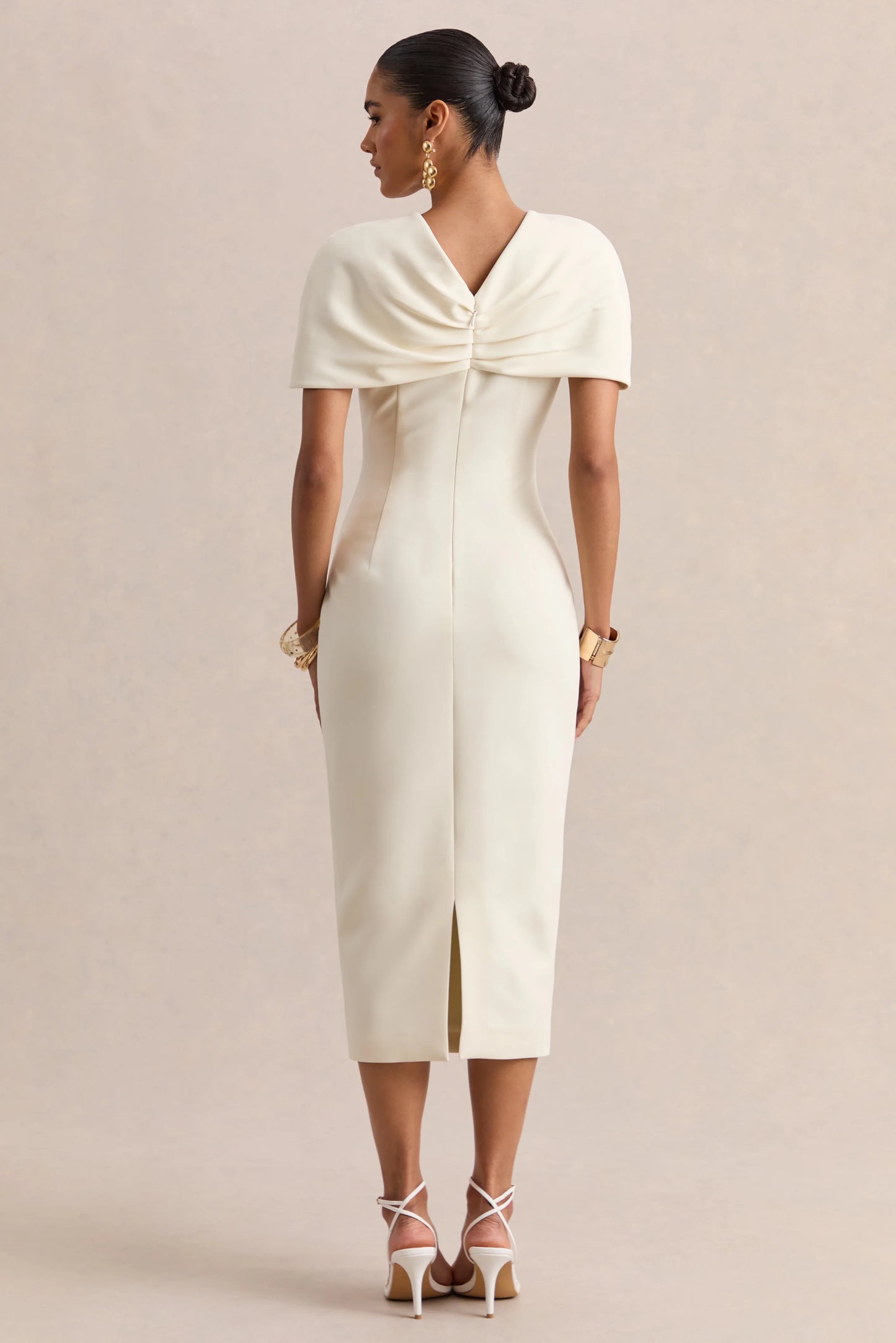 Novalie Cream V-Neck Midi Dress With Twist-Detail