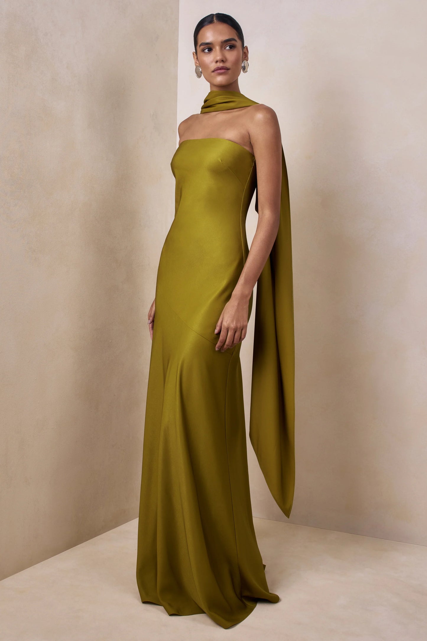 Charly Olive Matte Satin Bandeau Maxi Dress With Scarf-Detail