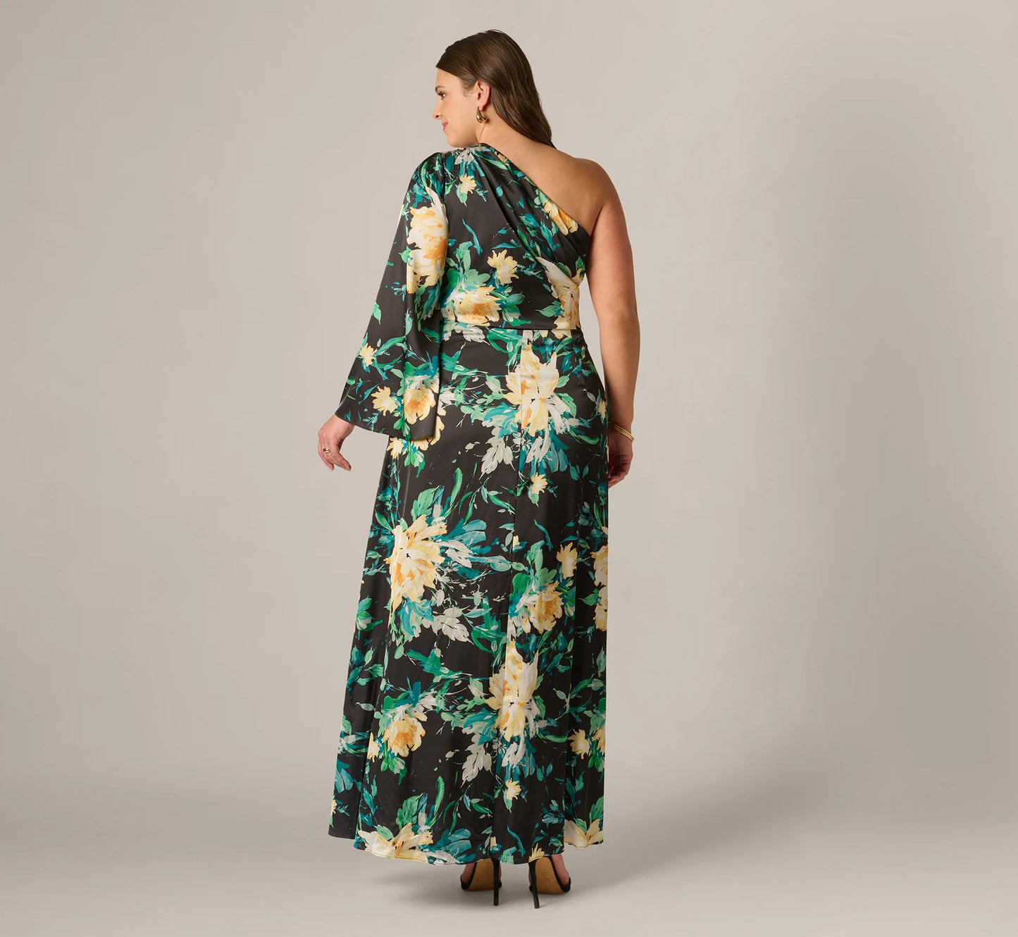 Plus Size One Shoulder Long Sleeve Floral Satin Gown In Black Multi