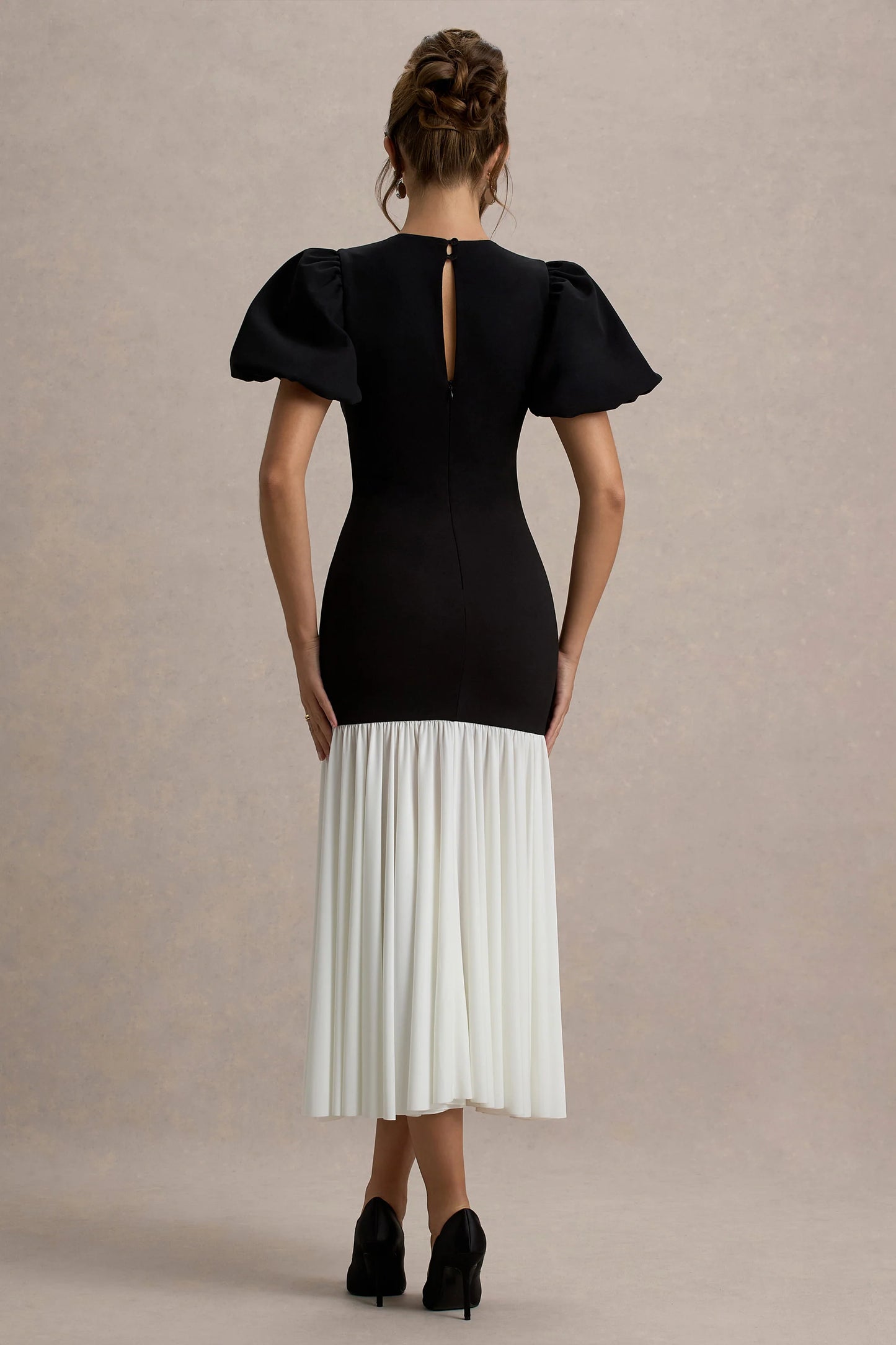 Cinzia Black & White Puff-Sleeve Volume-Hem Midi Dress