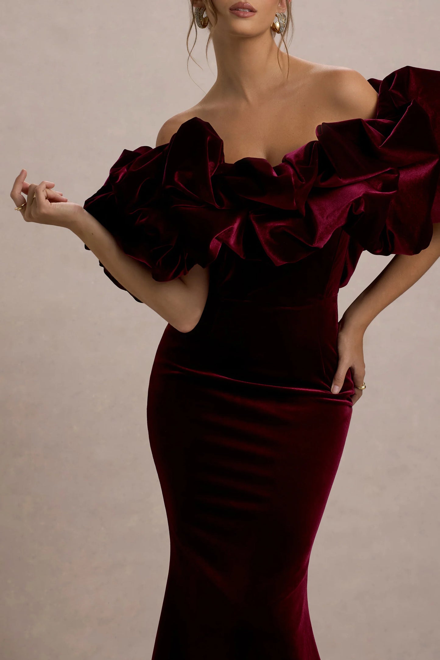 Cecily Port Velvet Bardot Maxi Dress With Velvet Ruffle Trim