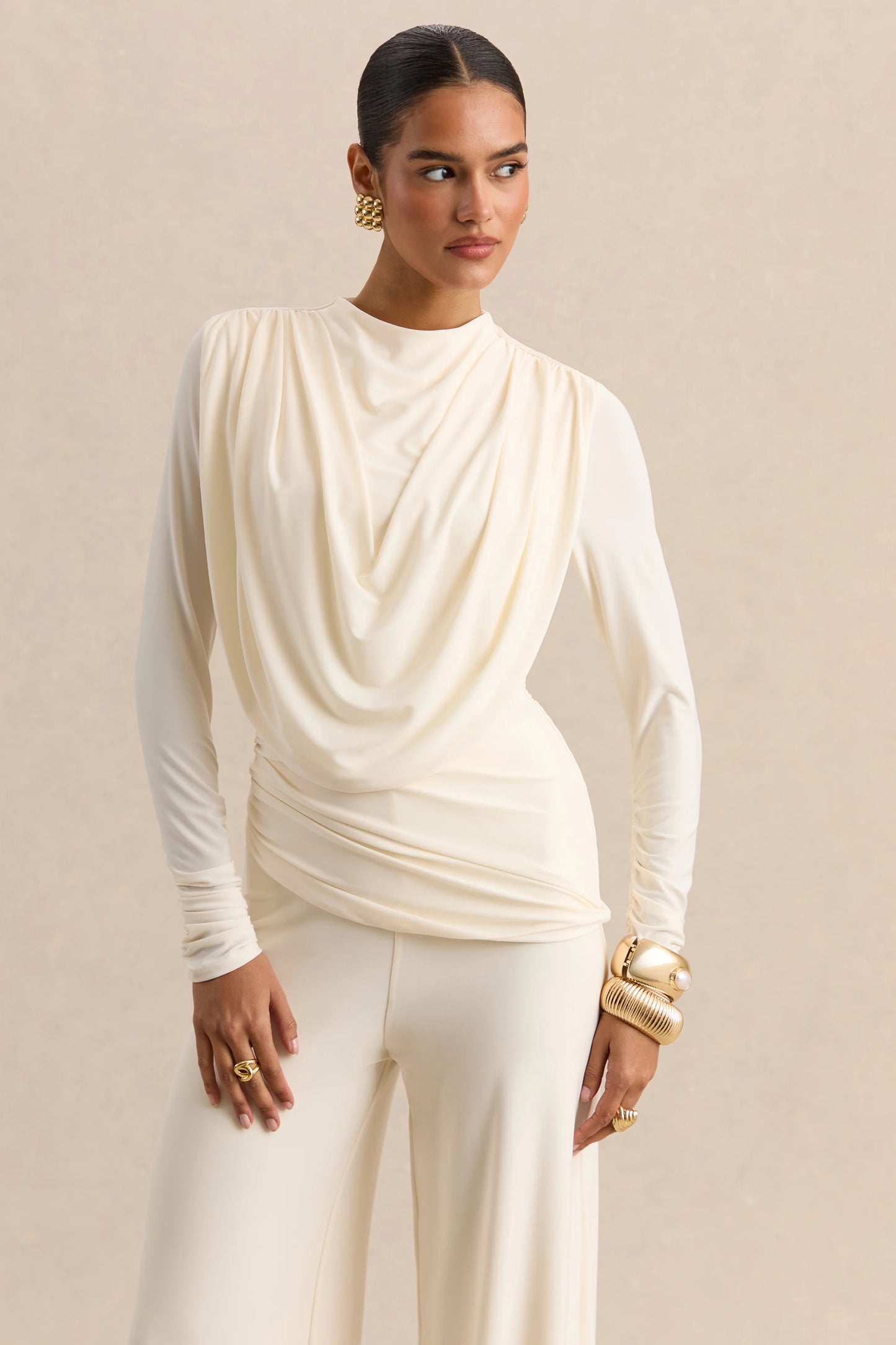 Raniella White High-Neck Top With Gathered And Draped-Detailing