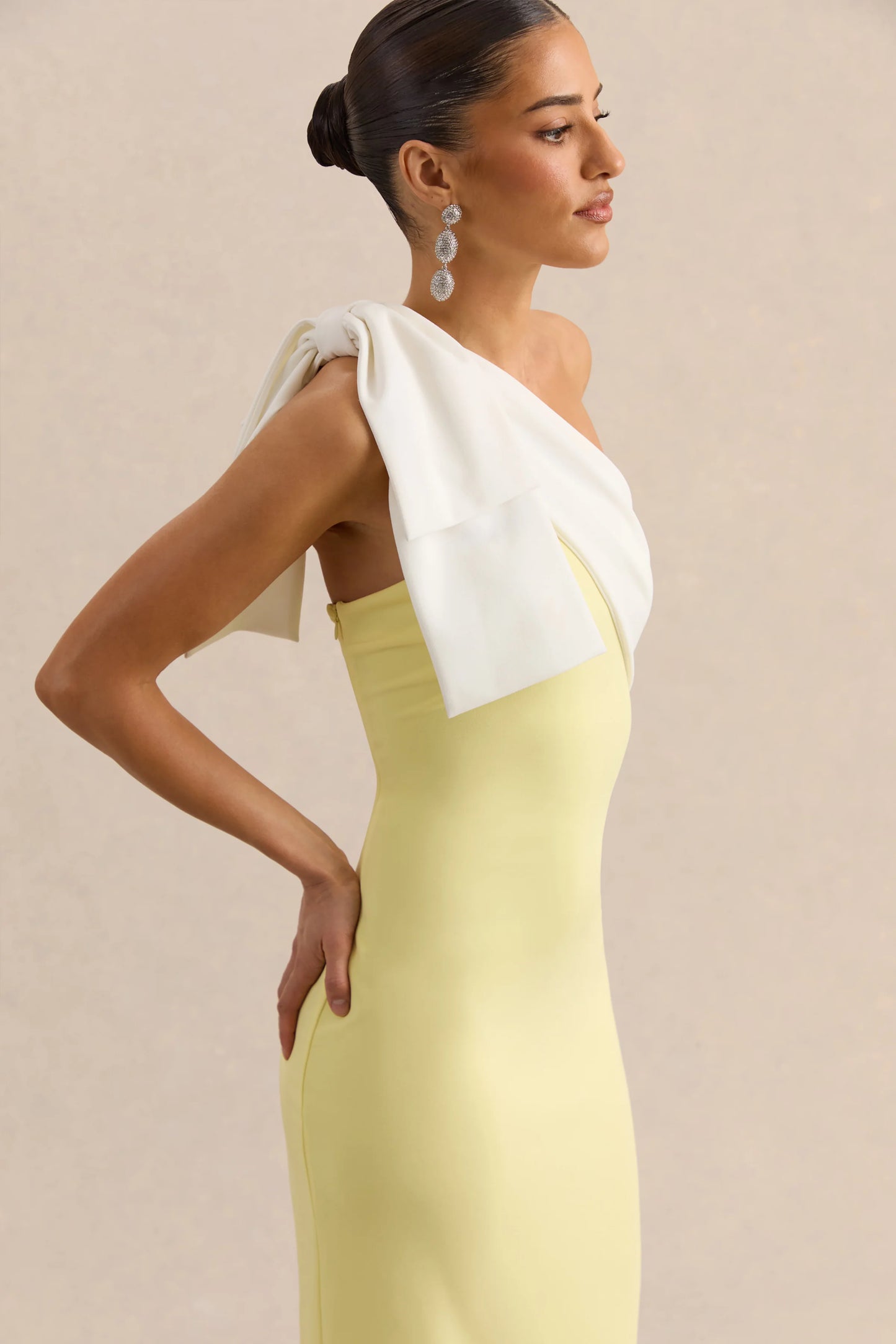 Adara Lemon & White Asymmetric-Neck Maxi Dress With Bow-Detail