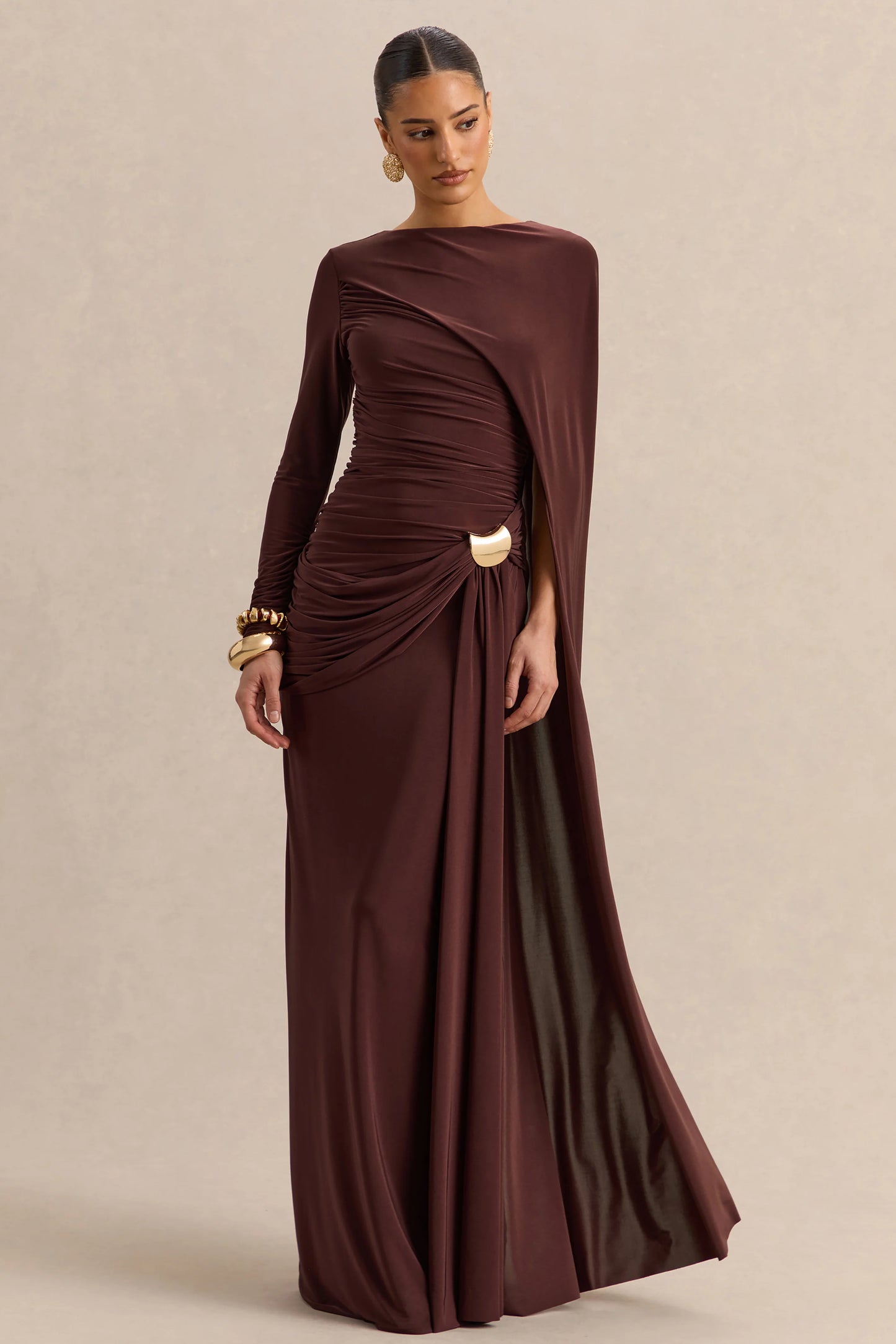 Orintha Brown Slashed-Neck Maxi Dress With Cape And Gold-Detail