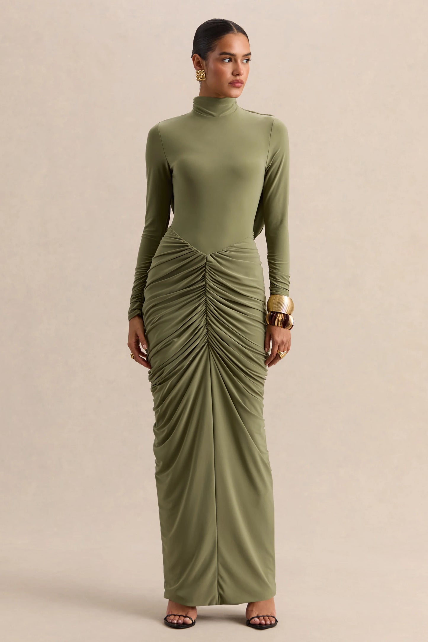Harmona Olive High-Neck Maxi Dress With Gathered And Draped-Detailing