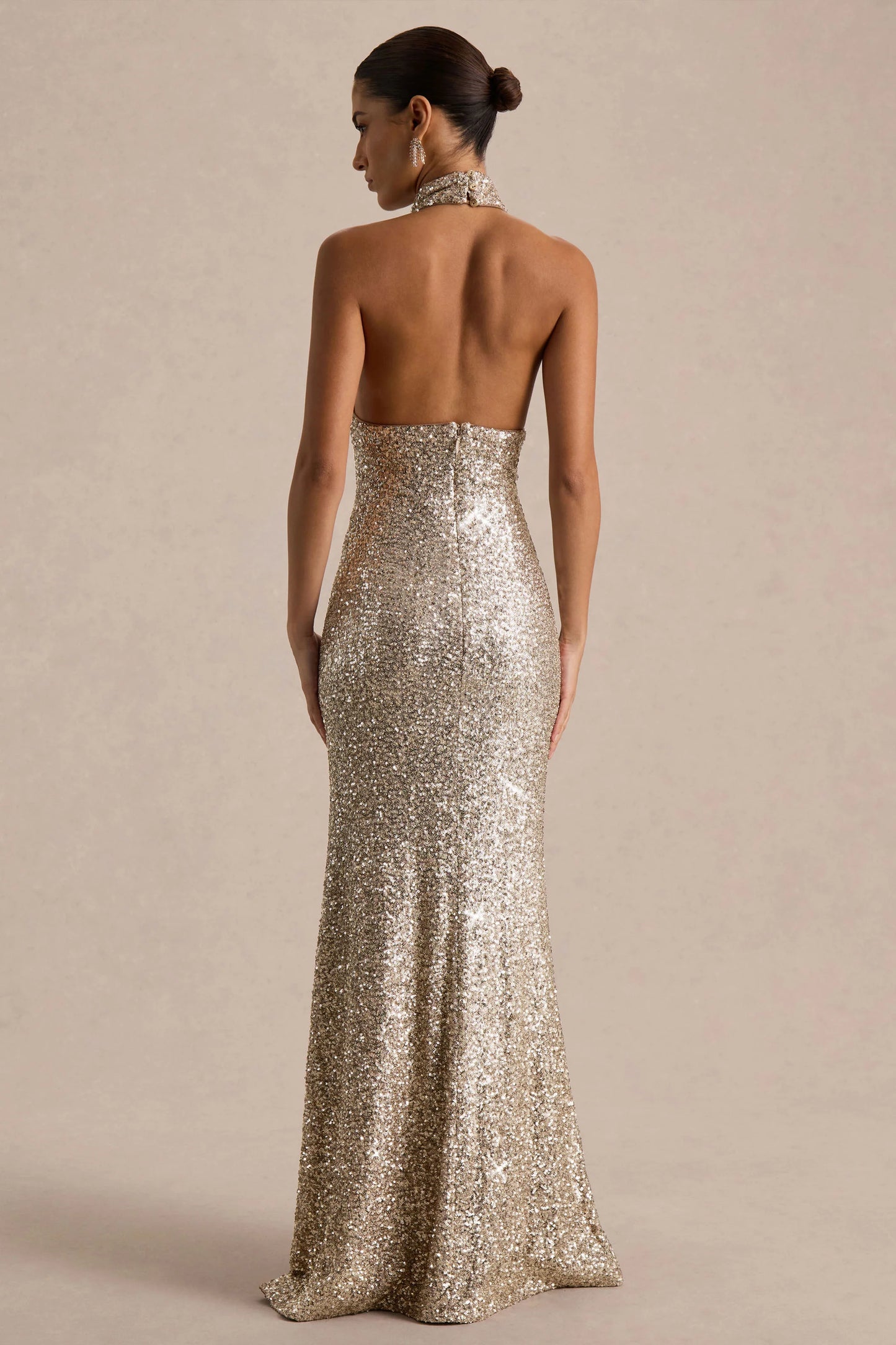 Tulia Gold Sequin High-Neck Maxi Dress
