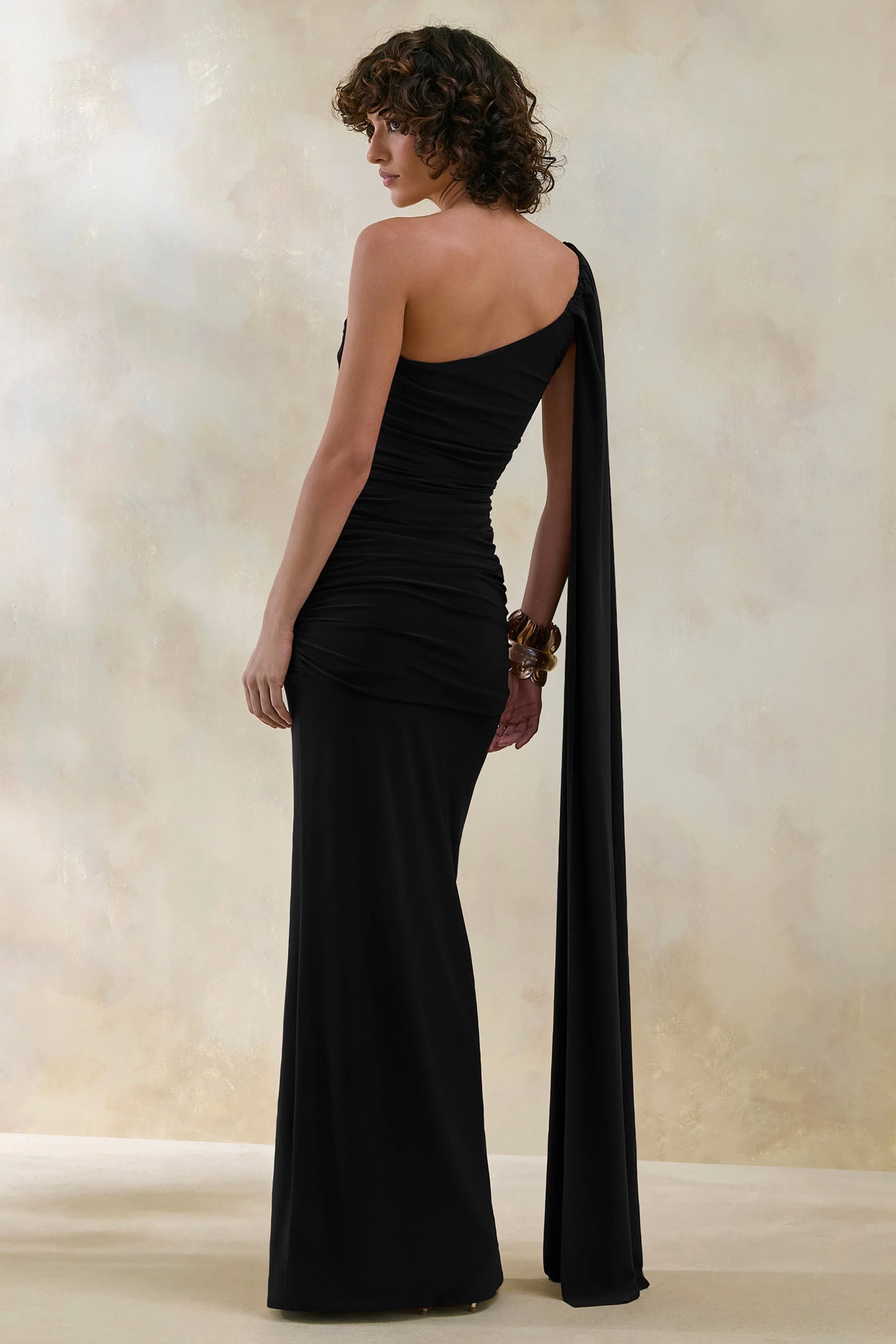 Bettine Black Asymmetric-Neck Maxi Dress With Cape-Sleeve