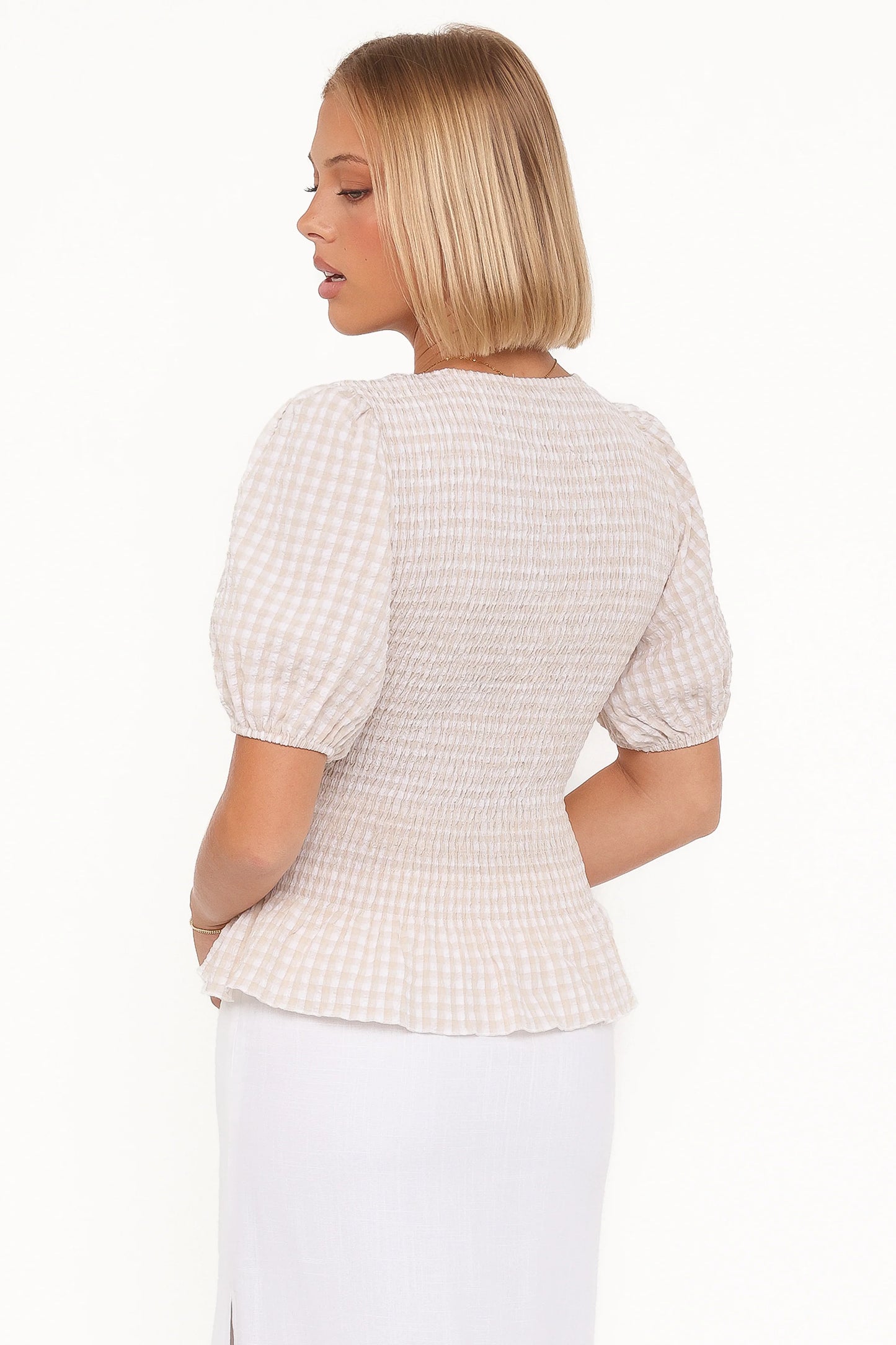 Callista Shirred Waist Top - Beige Gingham