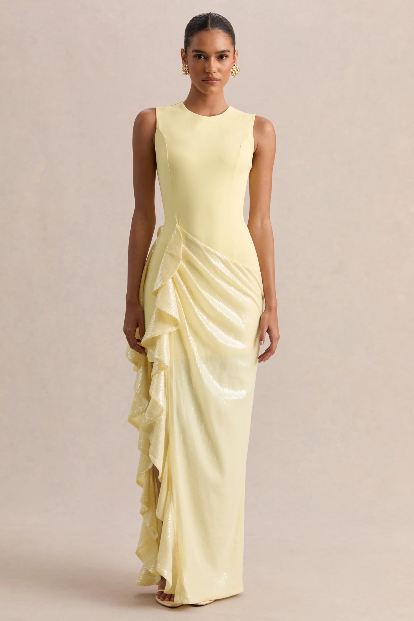 Ada Lemon Crew-Neck Maxi Dress With Sheer Skirt And Ruffled Detailing