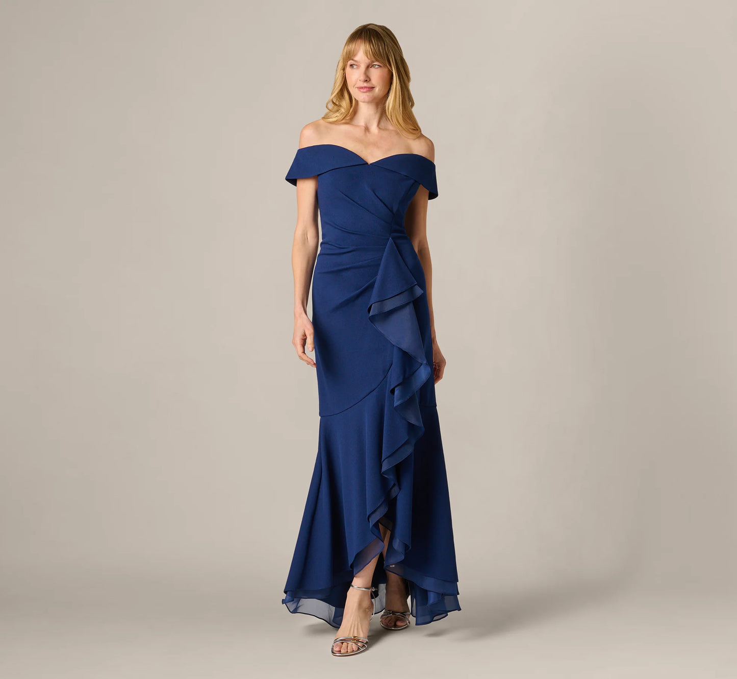 Off Shoulder Stretch Crepe Draped Gown In Navy Sateen