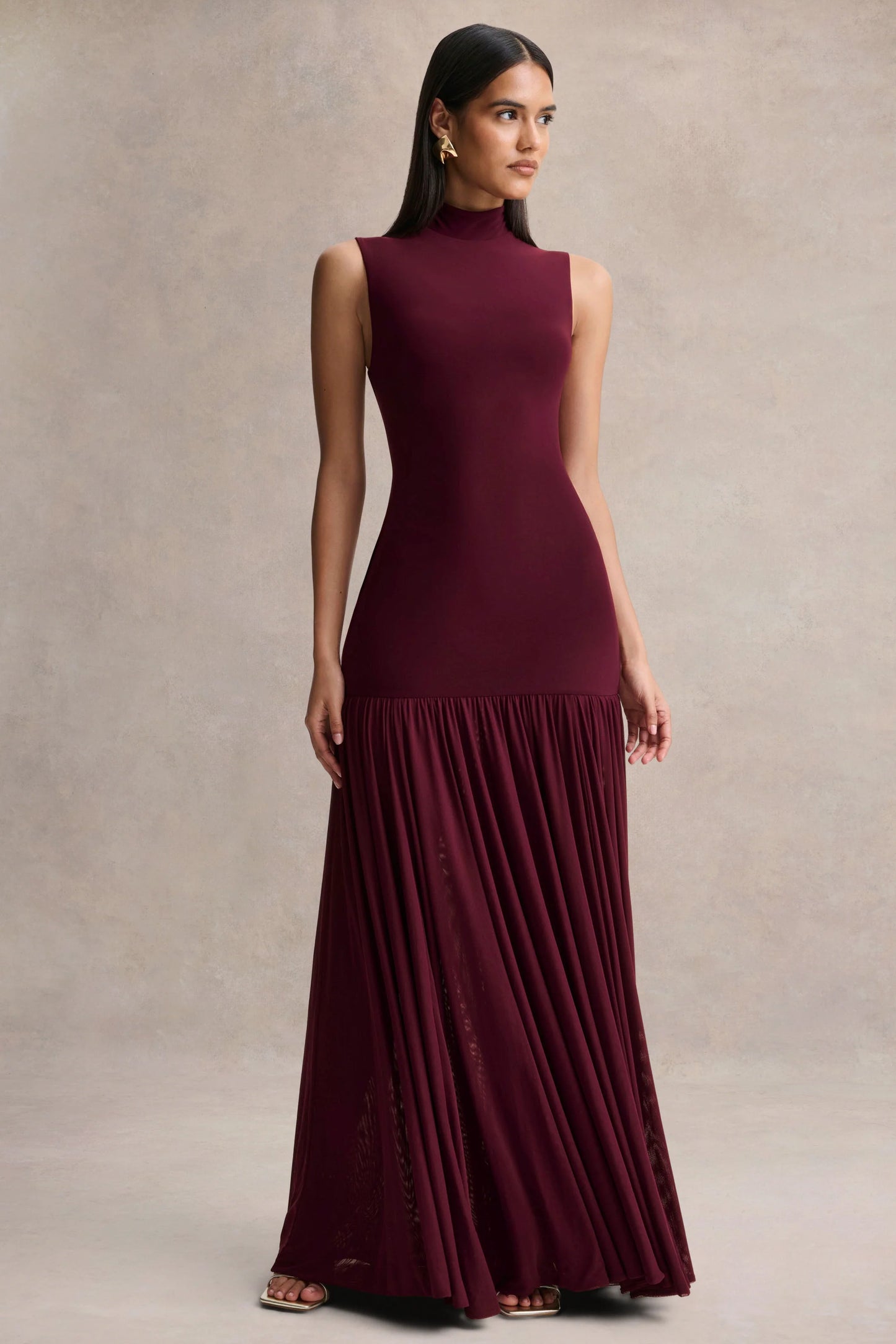 Gigi Burgundy High-Neck Maxi Dress With Drop-Waist And Sheer Skirt