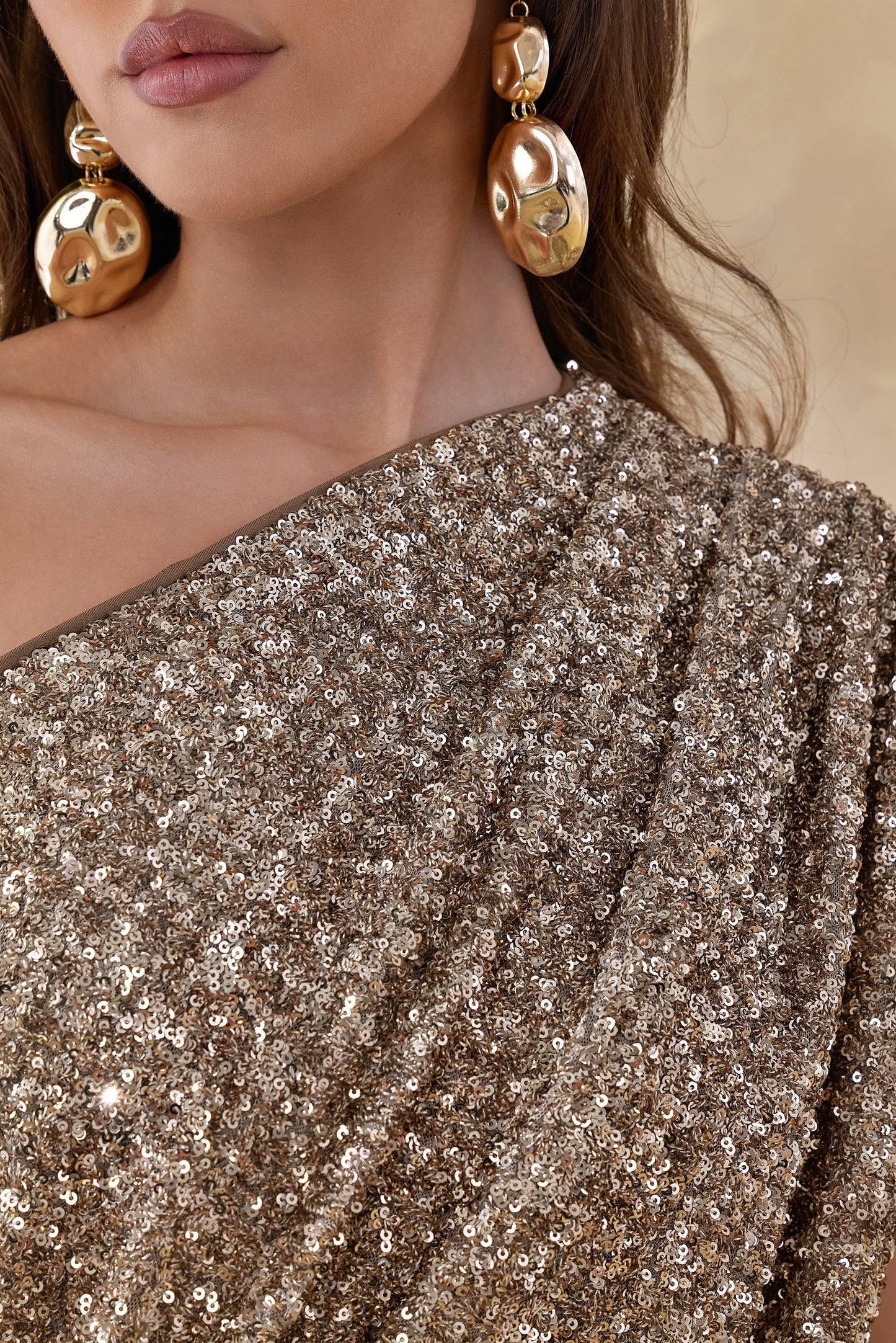 Liori Champagne Sequin Asymmetric-Neck Maxi Dress With Sash