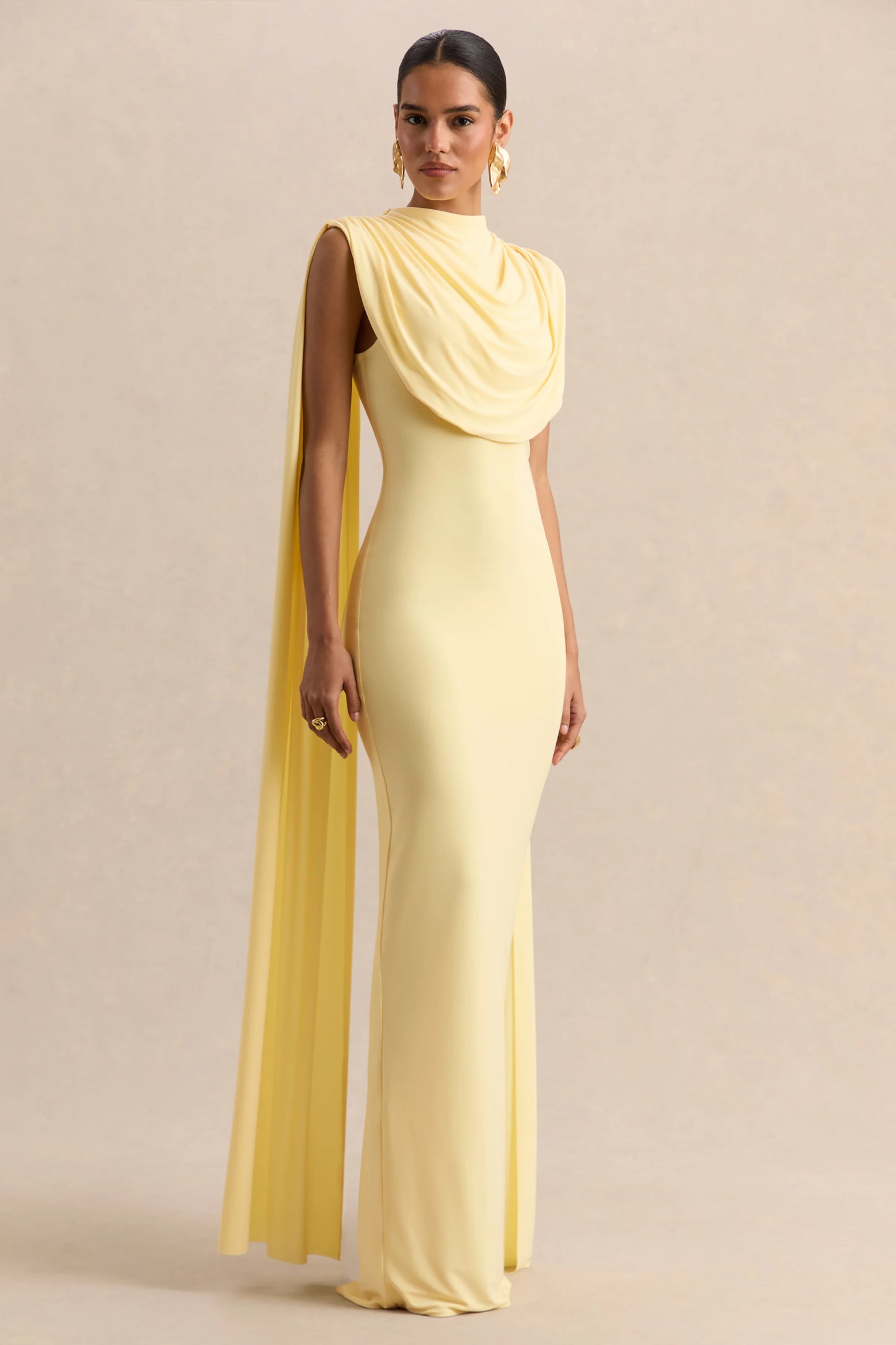 Patrina Lemon High-Neck Maxi Dress With Draped-Detailing And Cape-Sleeves