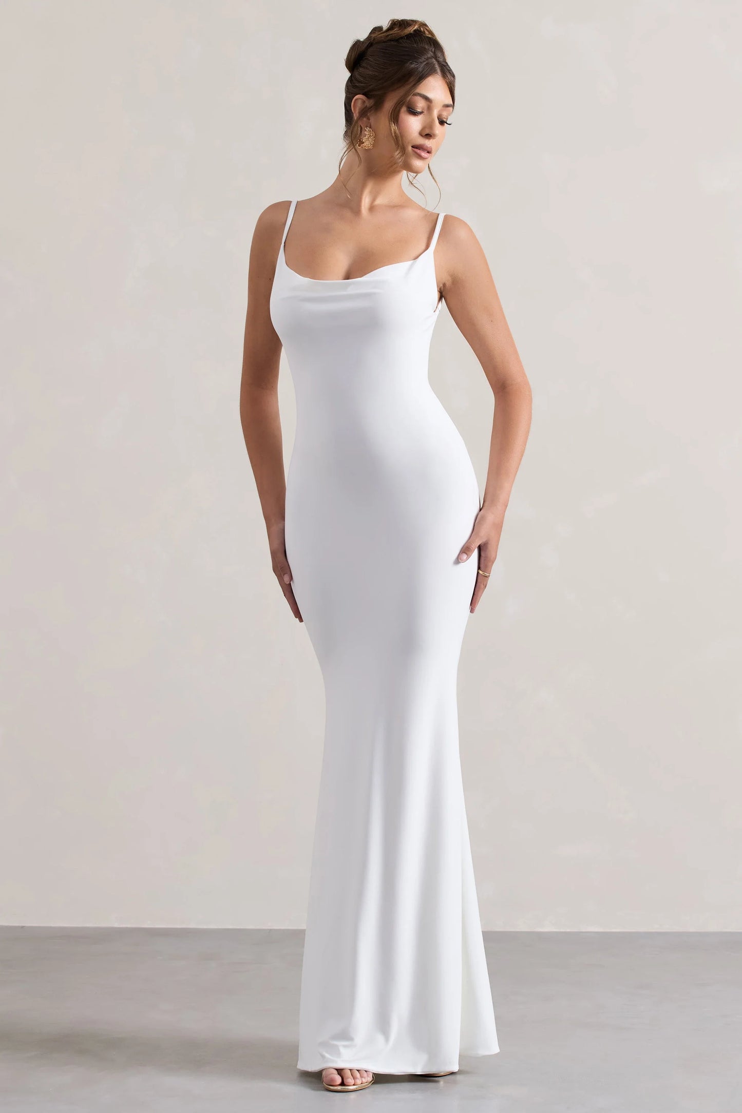 Francoise White Cowl Neck Backless Maxi Dress With Lace Insert