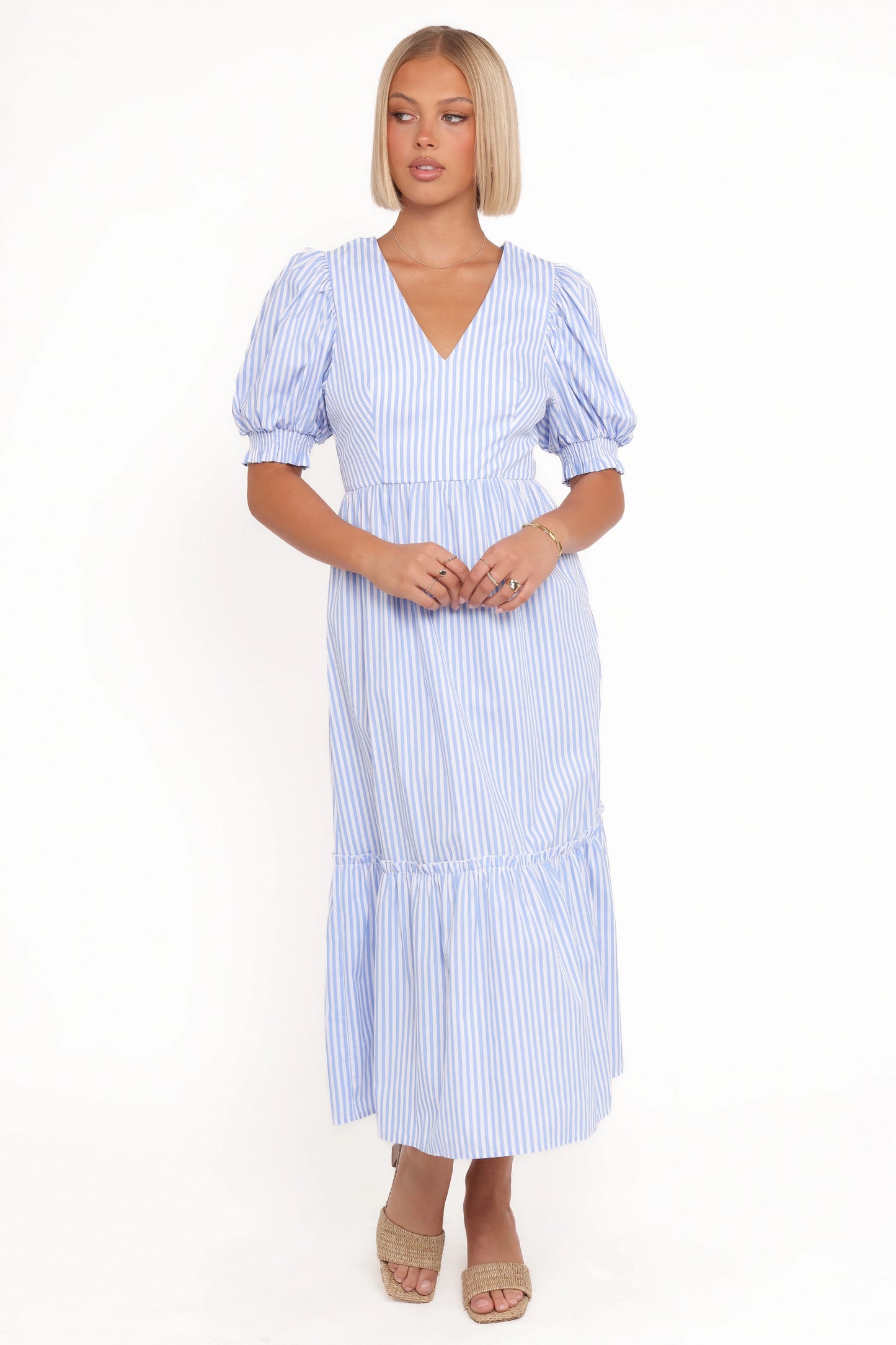 Steele Puff Sleeve Midi Dress - Blue Stripe
