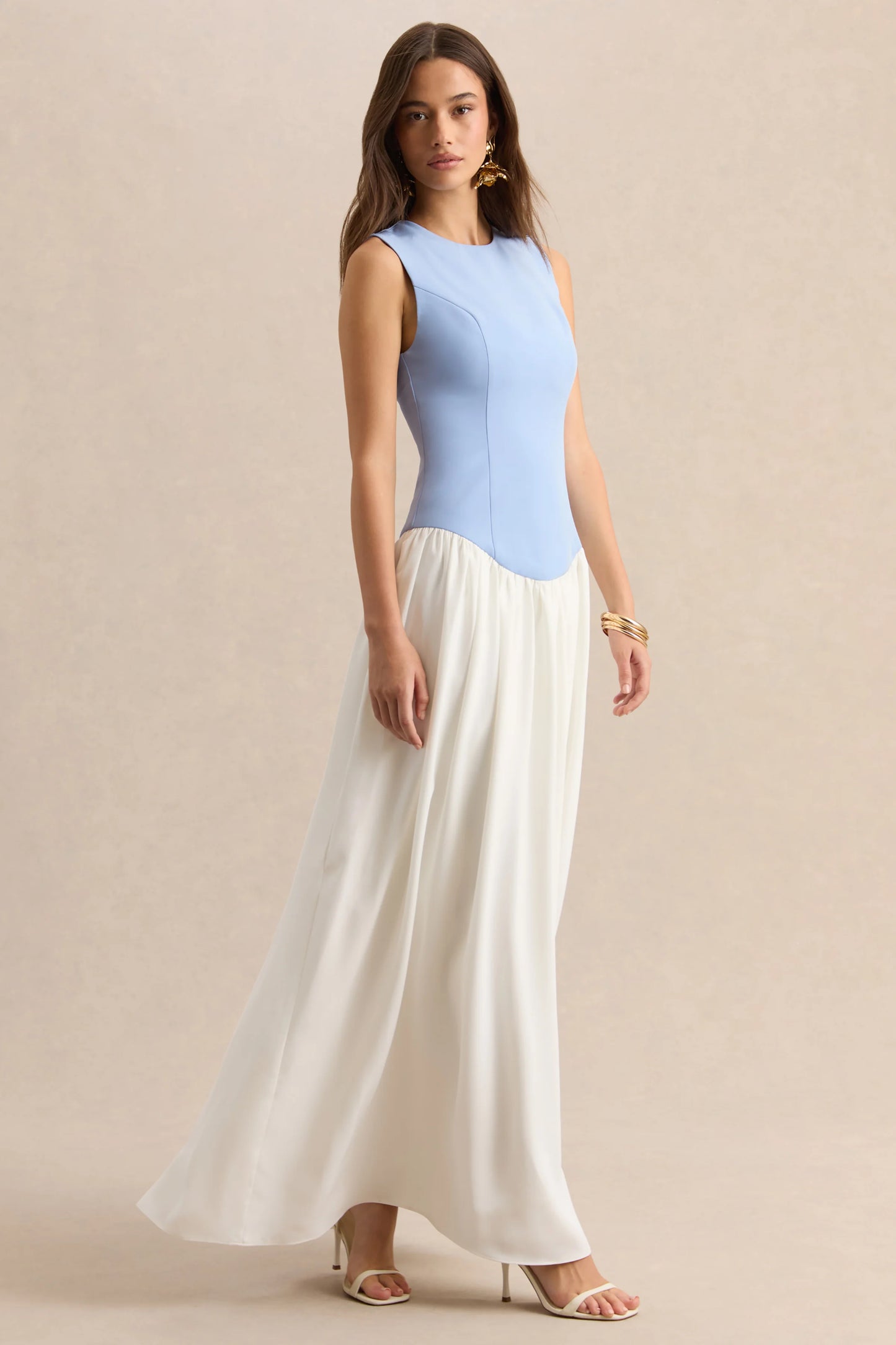 Iliana Powder Blue And White Crew-Neck Maxi Dress With Drop-Waist And Pleated Skirt
