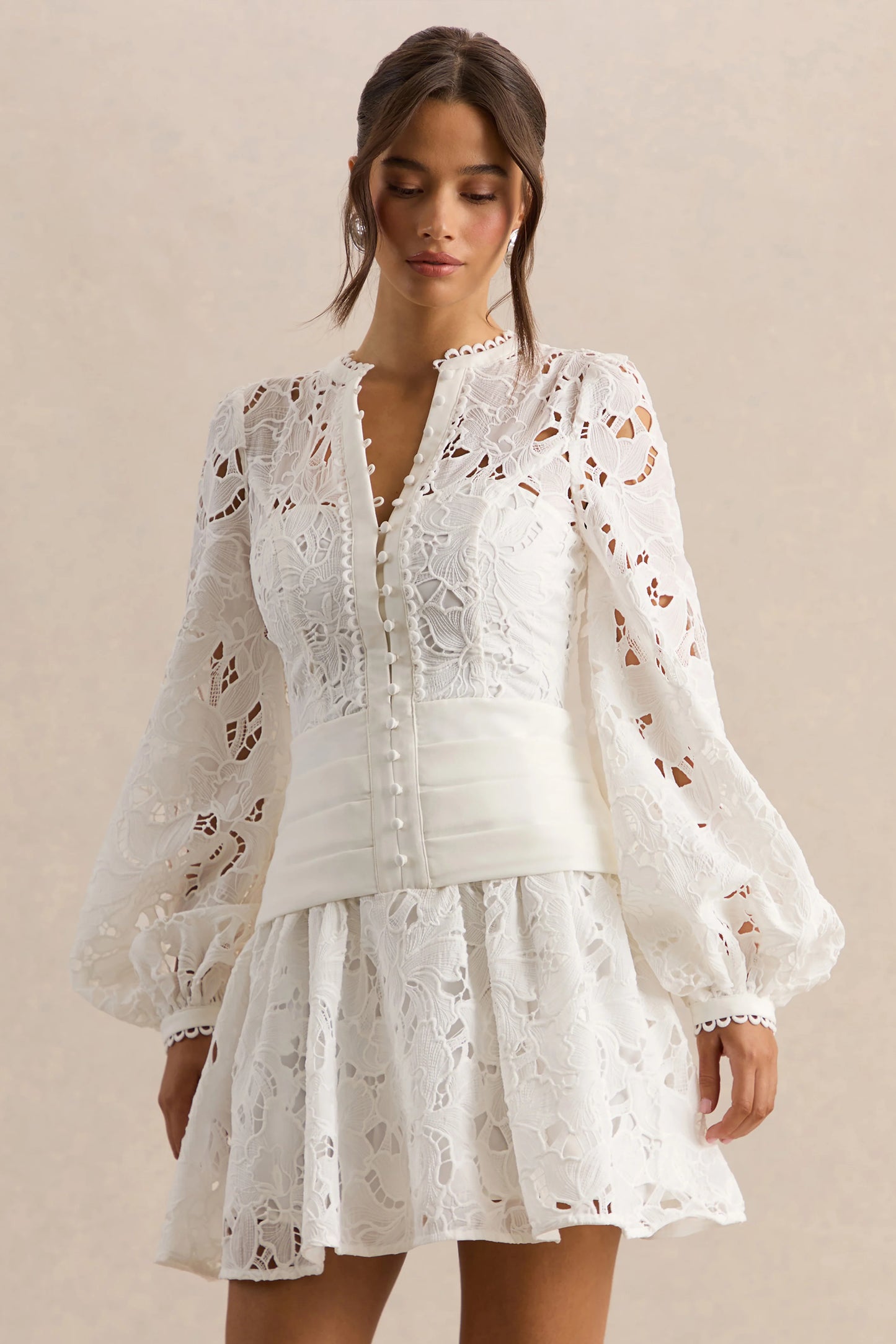 Helena White Crew-Neck Mini Dress With Puff-Sleeves and Pleated Skirt