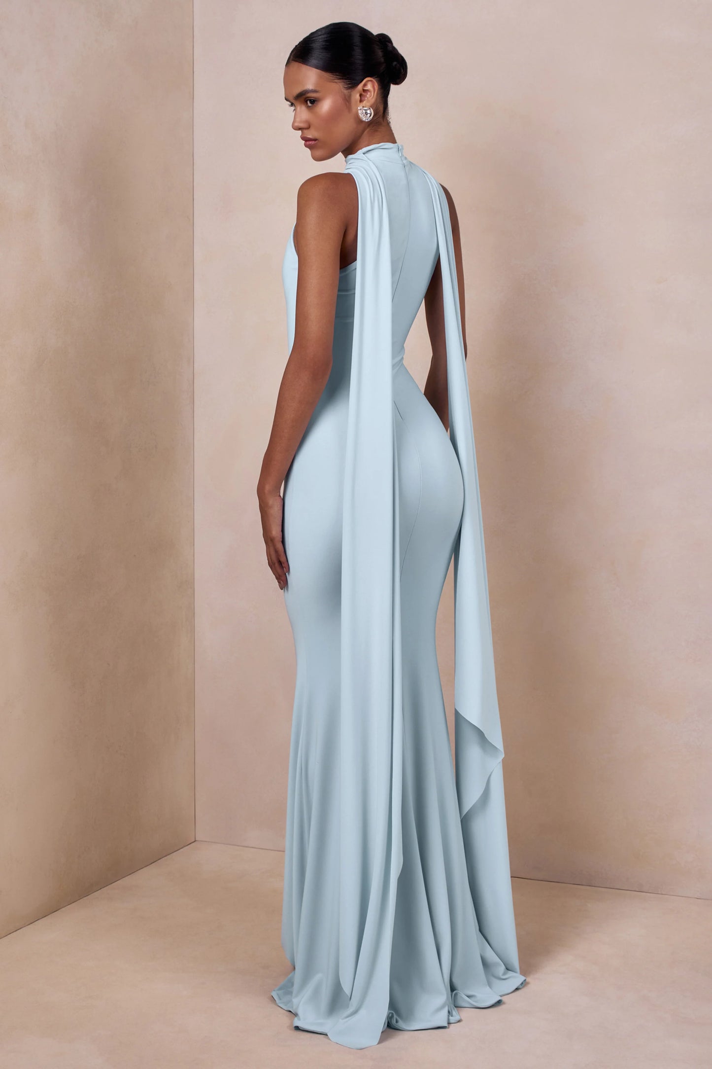 Cordy Powder Blue High-Neck Maxi Dress With Cape