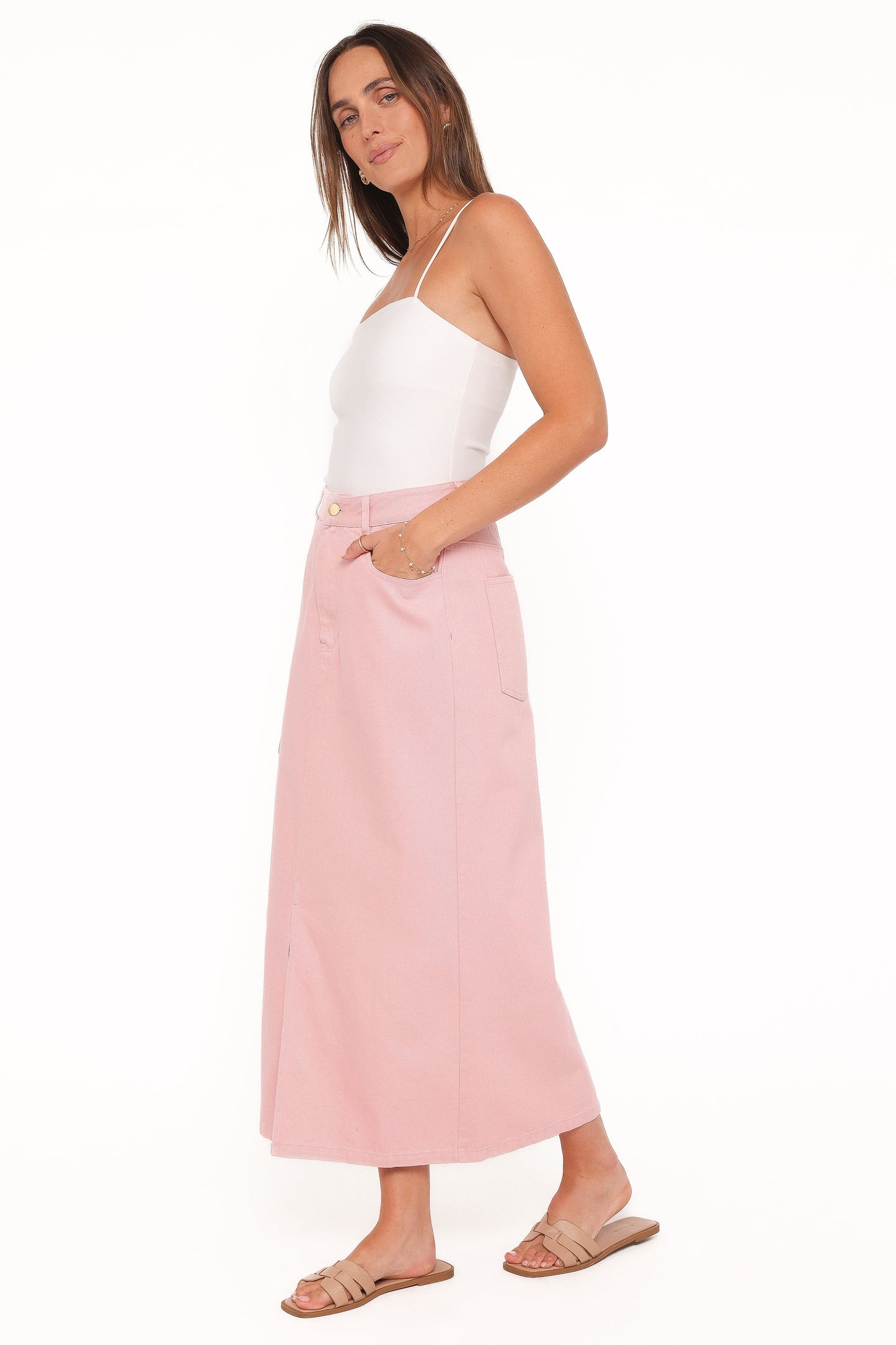 Dana Denim Midi Skirt - Dusty Pink
