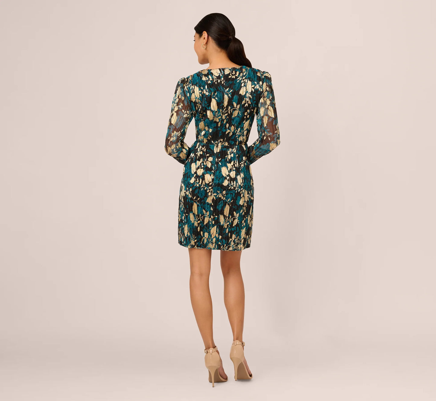 Crinkle Foil Wrap Dress In Teal Sapphire Gold
