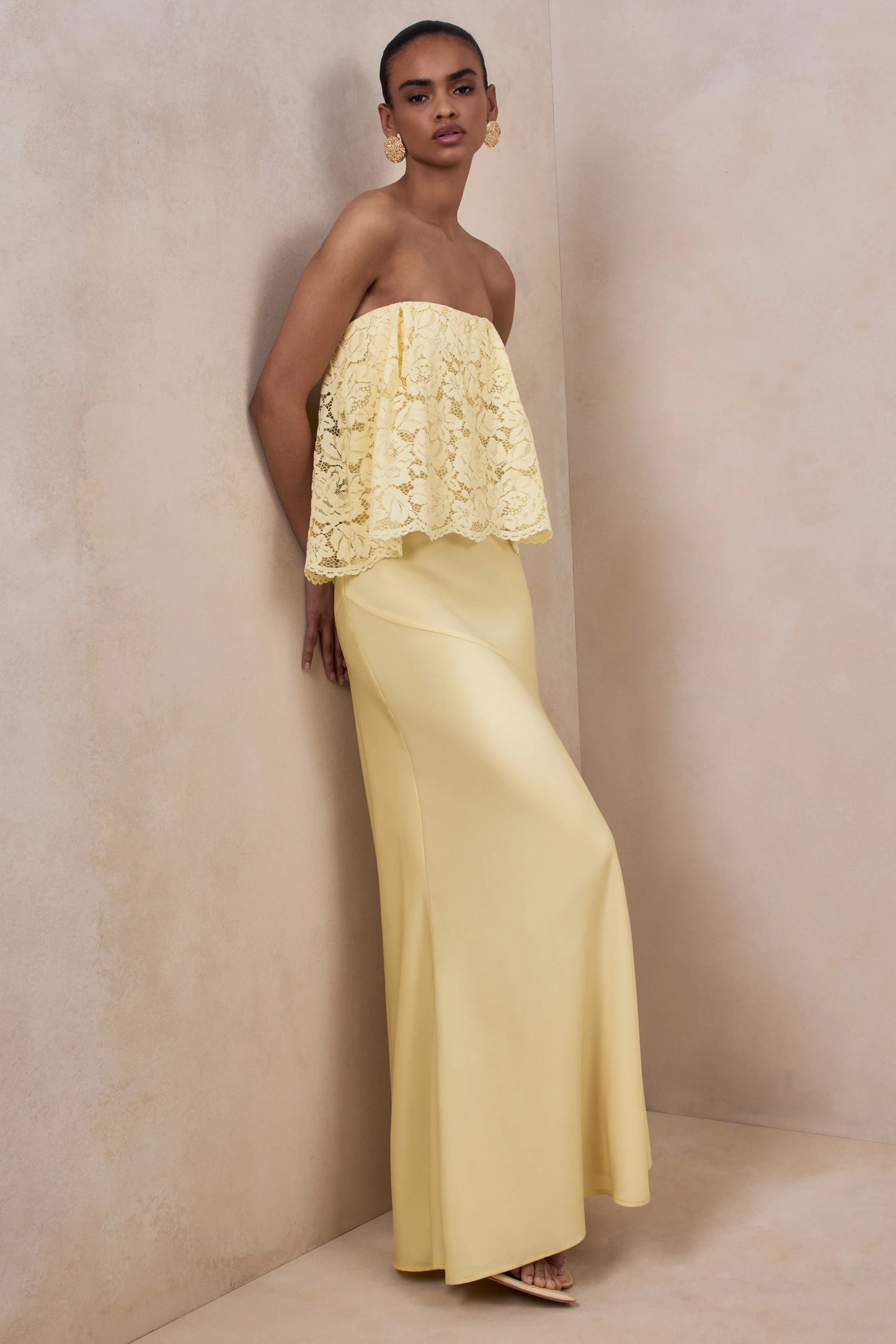 Clemency Lemon Lace And Matte Satin Bandeau Maxi Dress