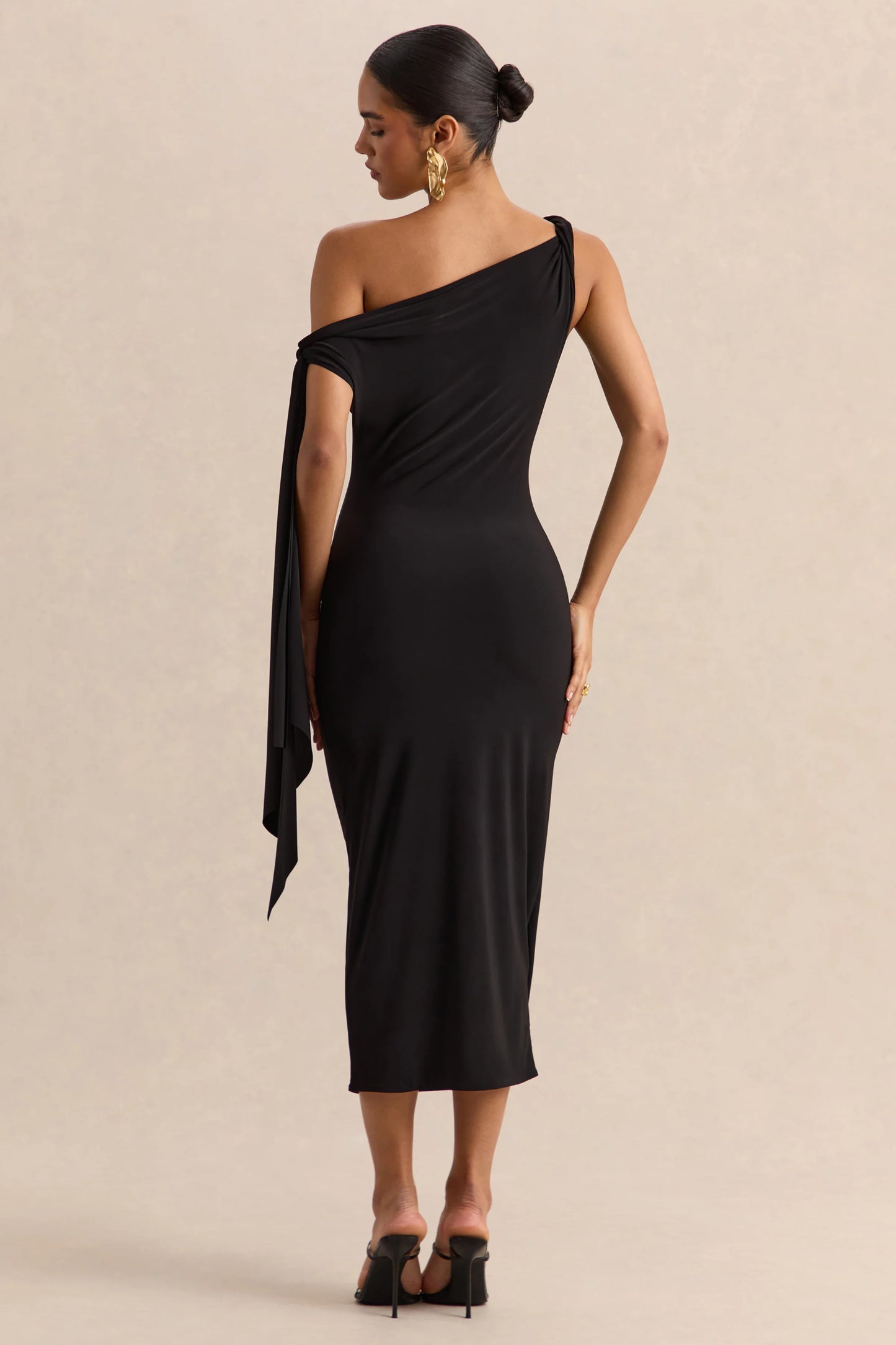 Arcelia Black Asymmetric-Neck Midi Dress With Knot-Sleeve Detail