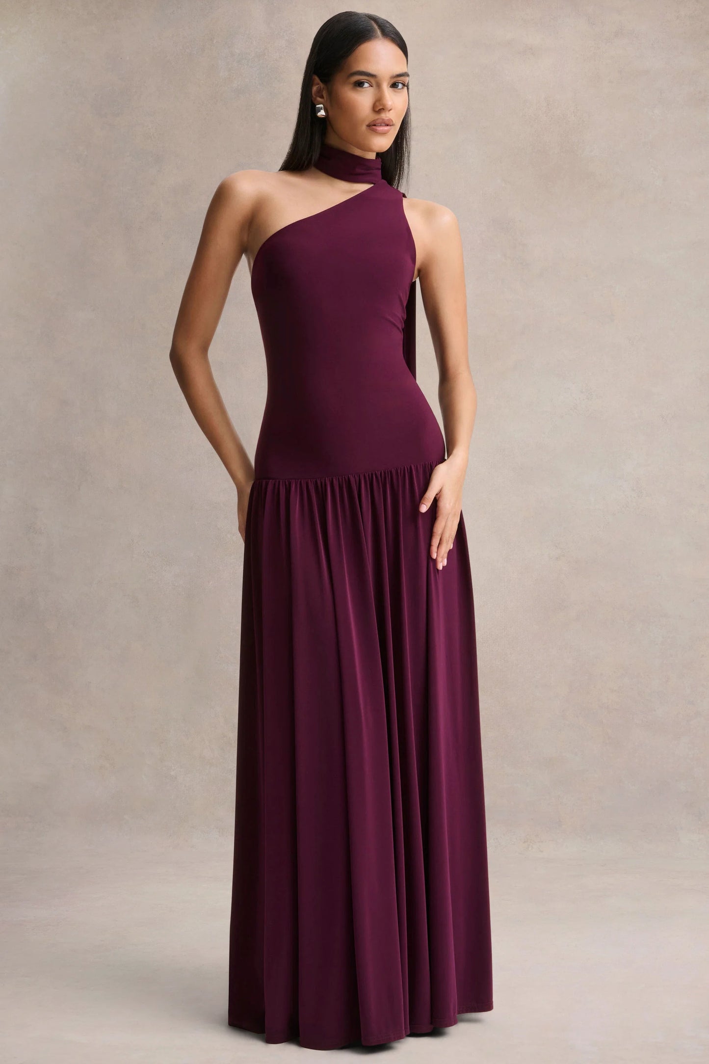 Freesia Plum Asymmetric-Neck Maxi Dress With Scarf-Detail