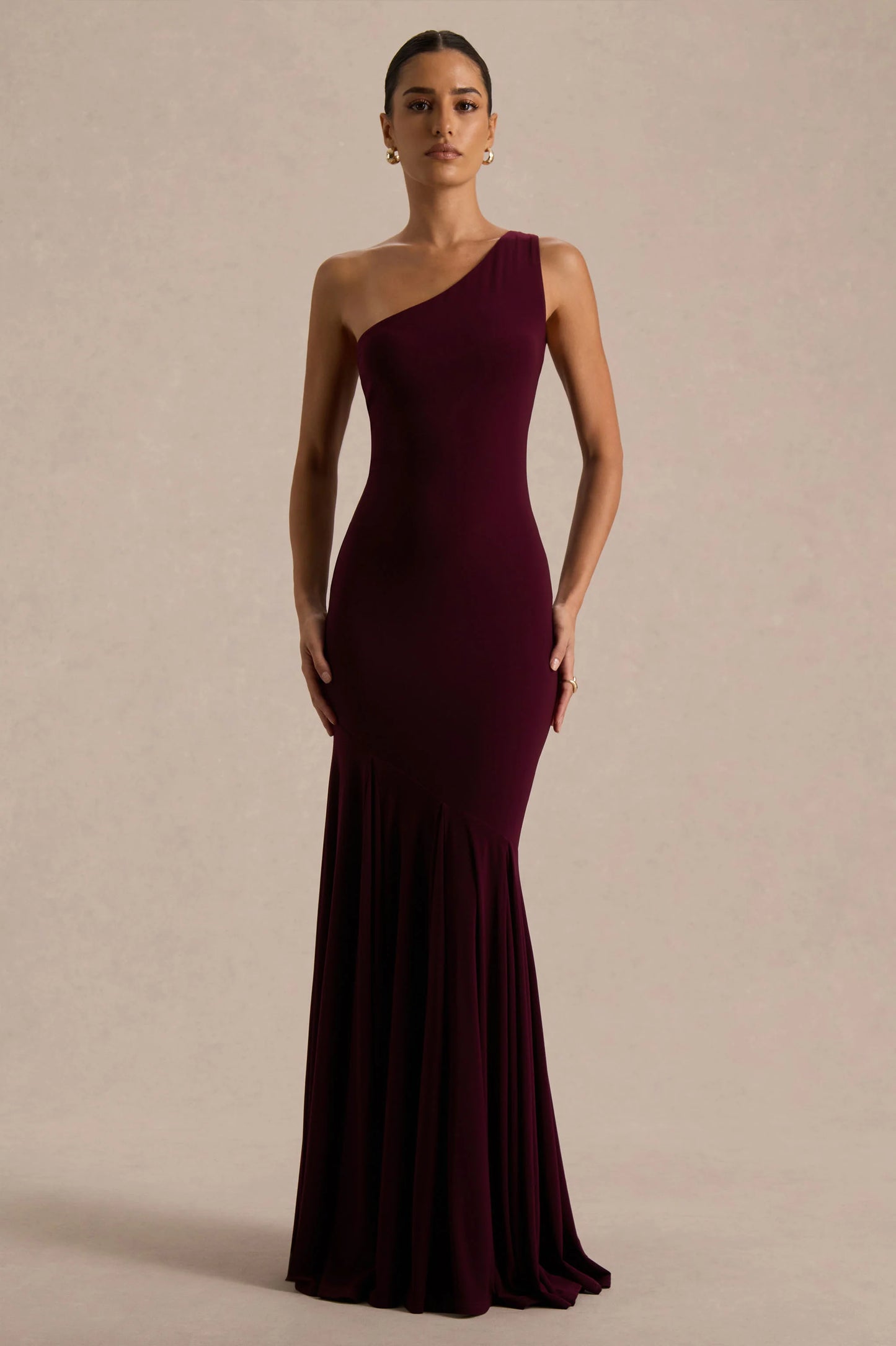 Zya Dark Plum Asymmetric-Neck Fishtail Maxi Dress