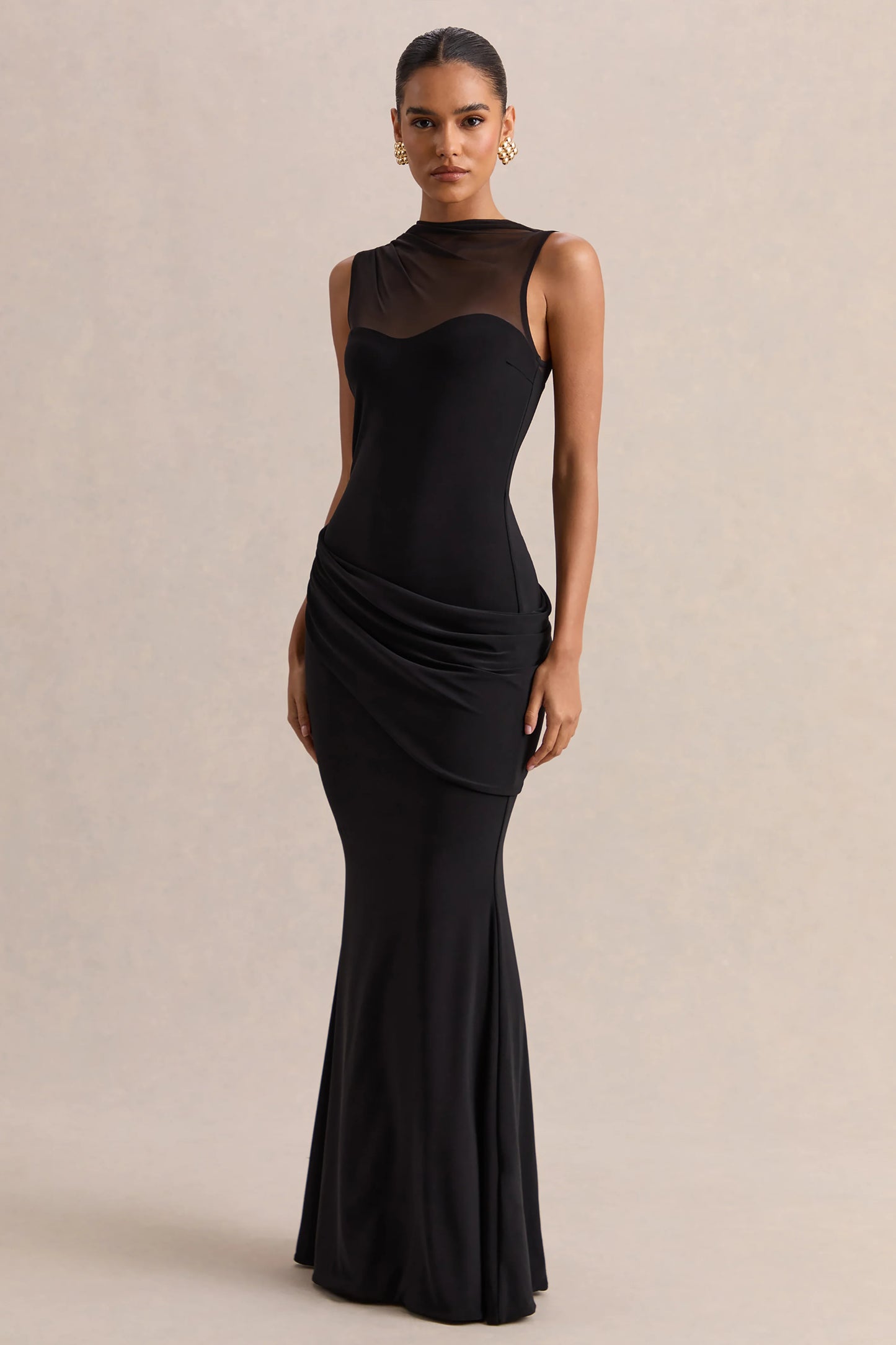 Lyssy Black High-Neck Maxi Dress With Mesh-Detail