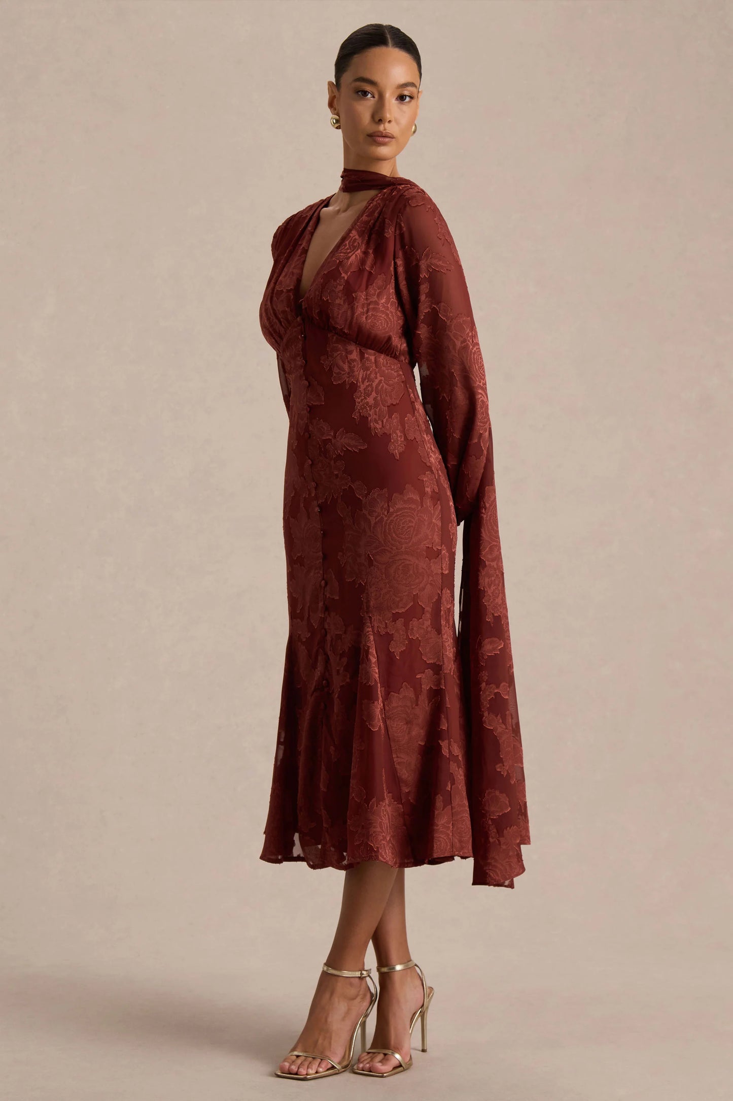 Sabina Rust Devore Plunge-Neck Midi Dress