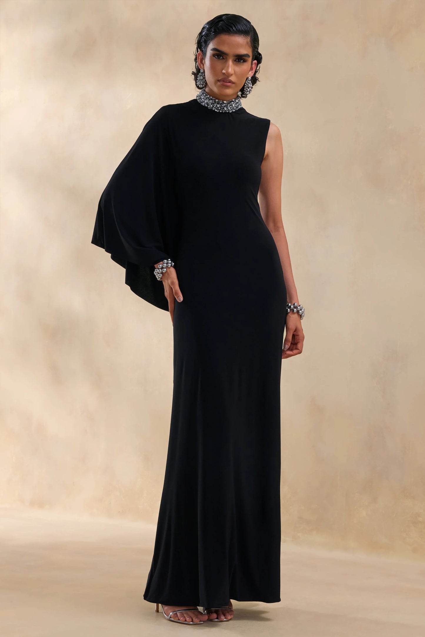 Oriana Black Embellished High-Neck Maxi Dress With One-Cape Sleeve