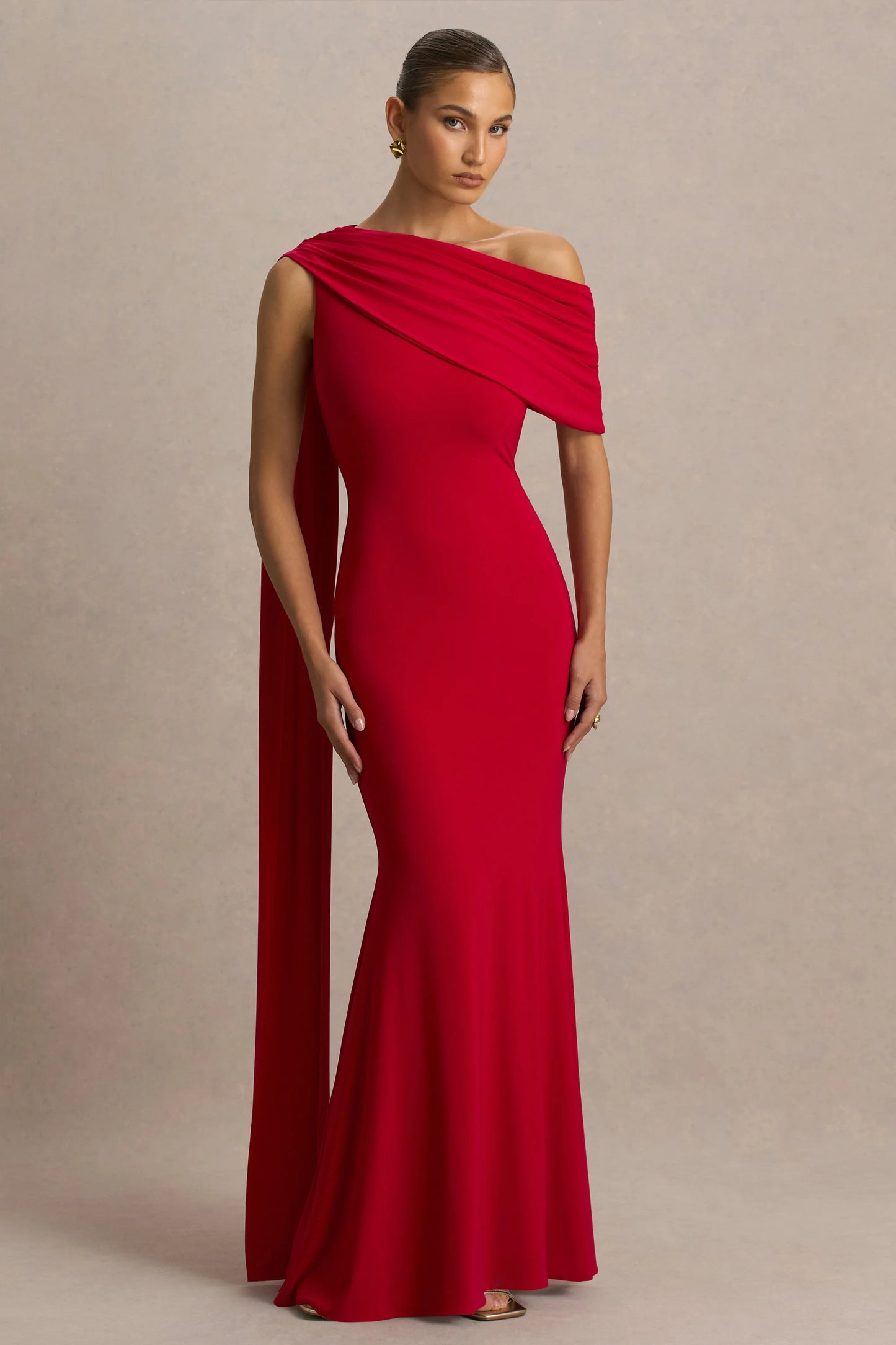 Zendaya Red Asymmetric-Neck Fishtail Maxi Dress With Sash