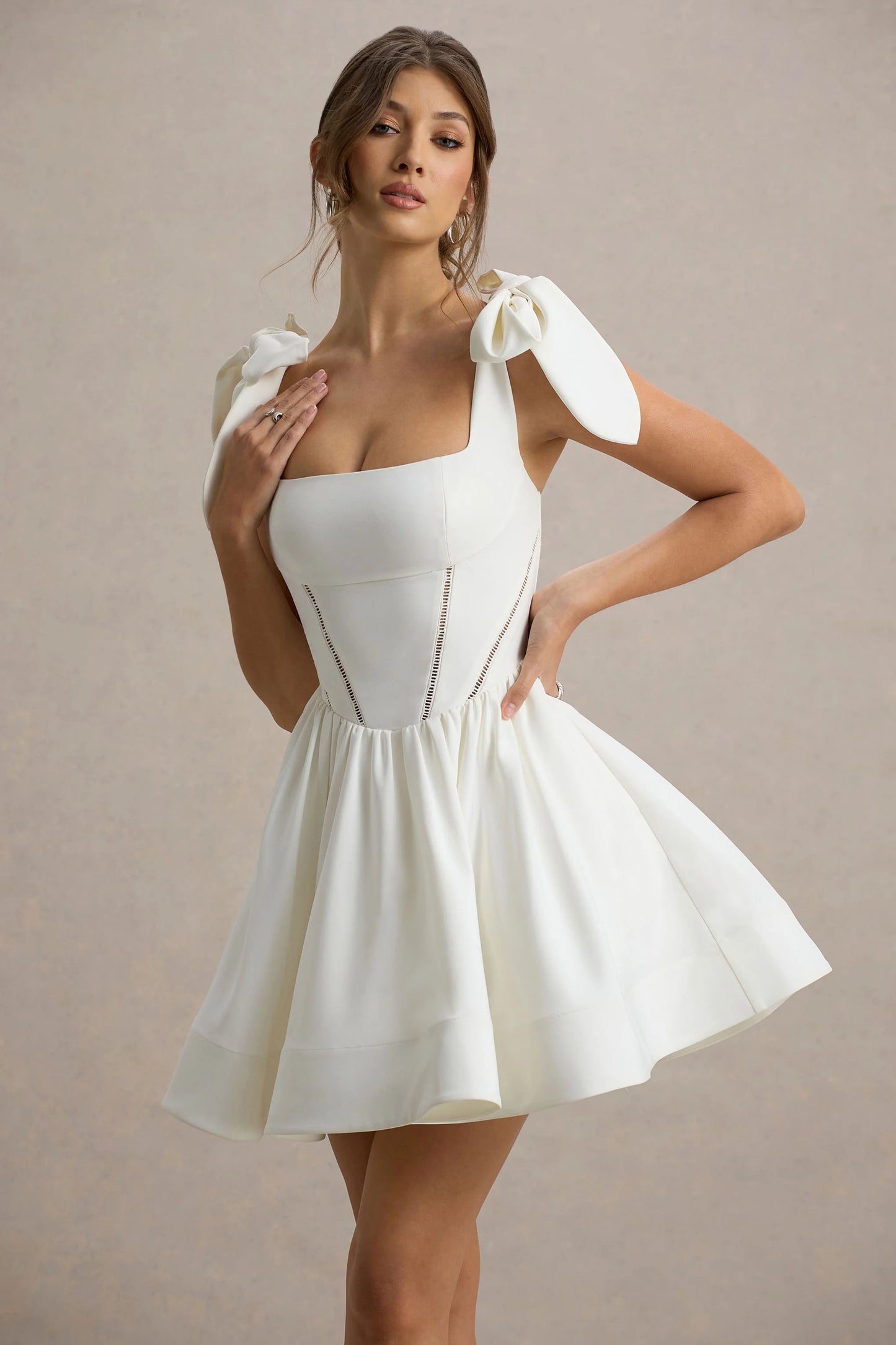 Mochi White Skater Mini Dress With Bow Straps