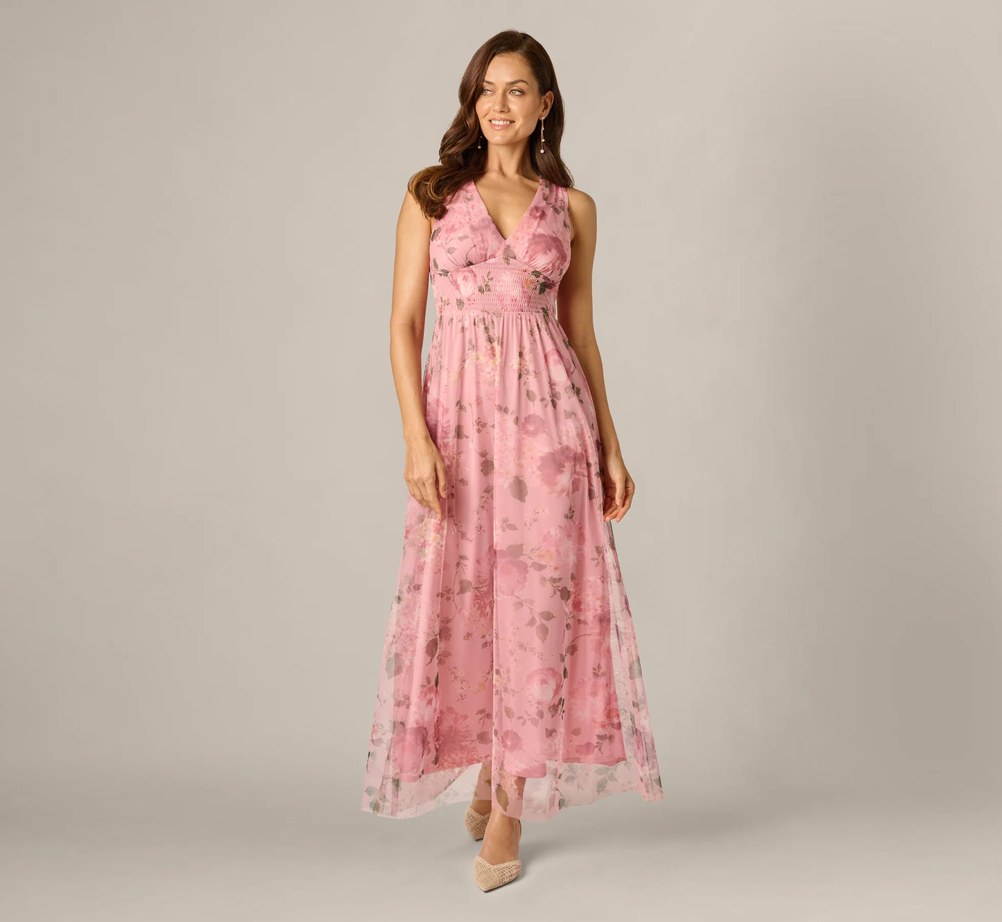 Floral Print Mesh Smocked Maxi Dress In Blush Multi