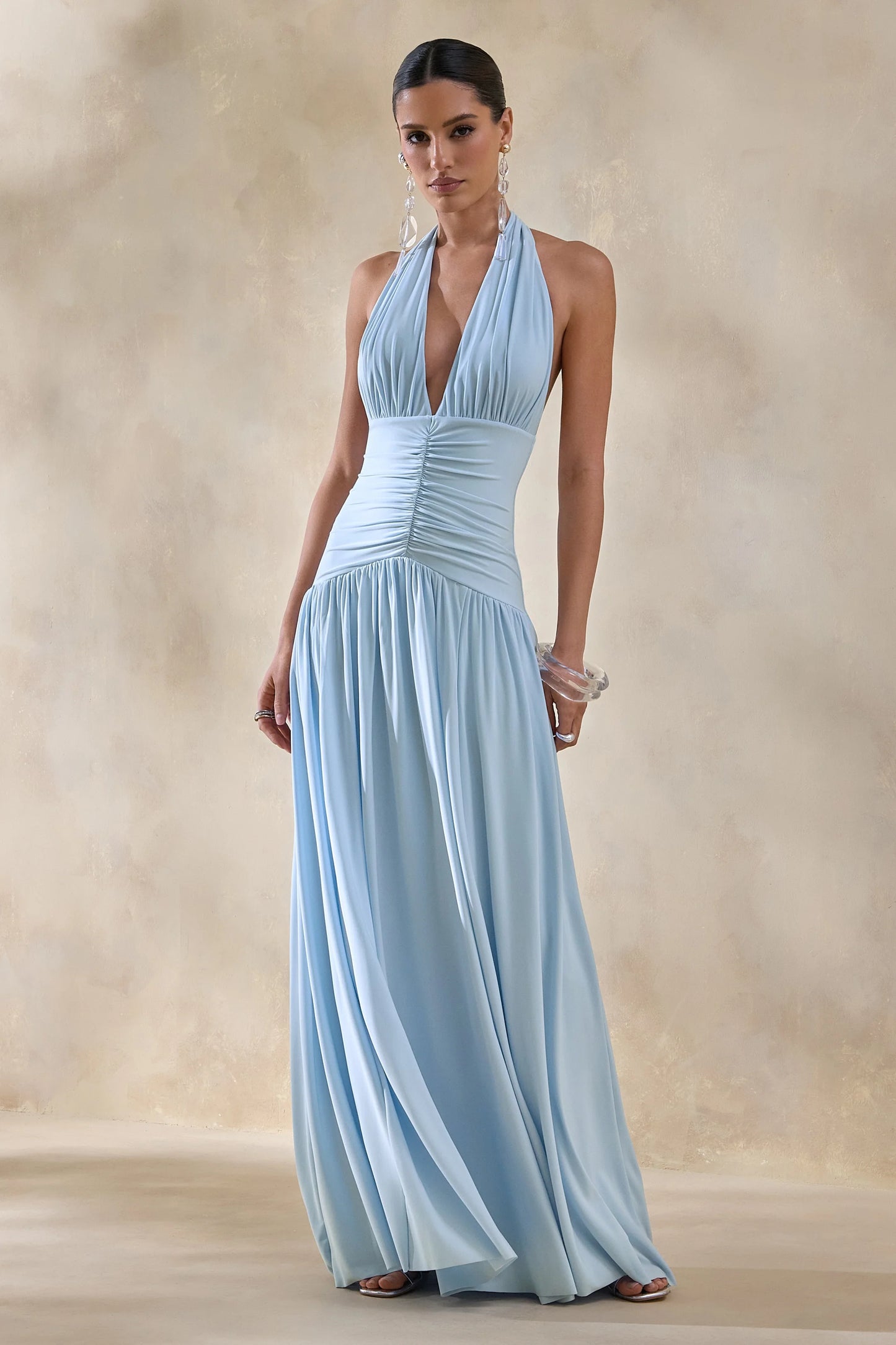 Bettina Powder-Blue Plunge-Neck Maxi Dress With Gathered-Detailing